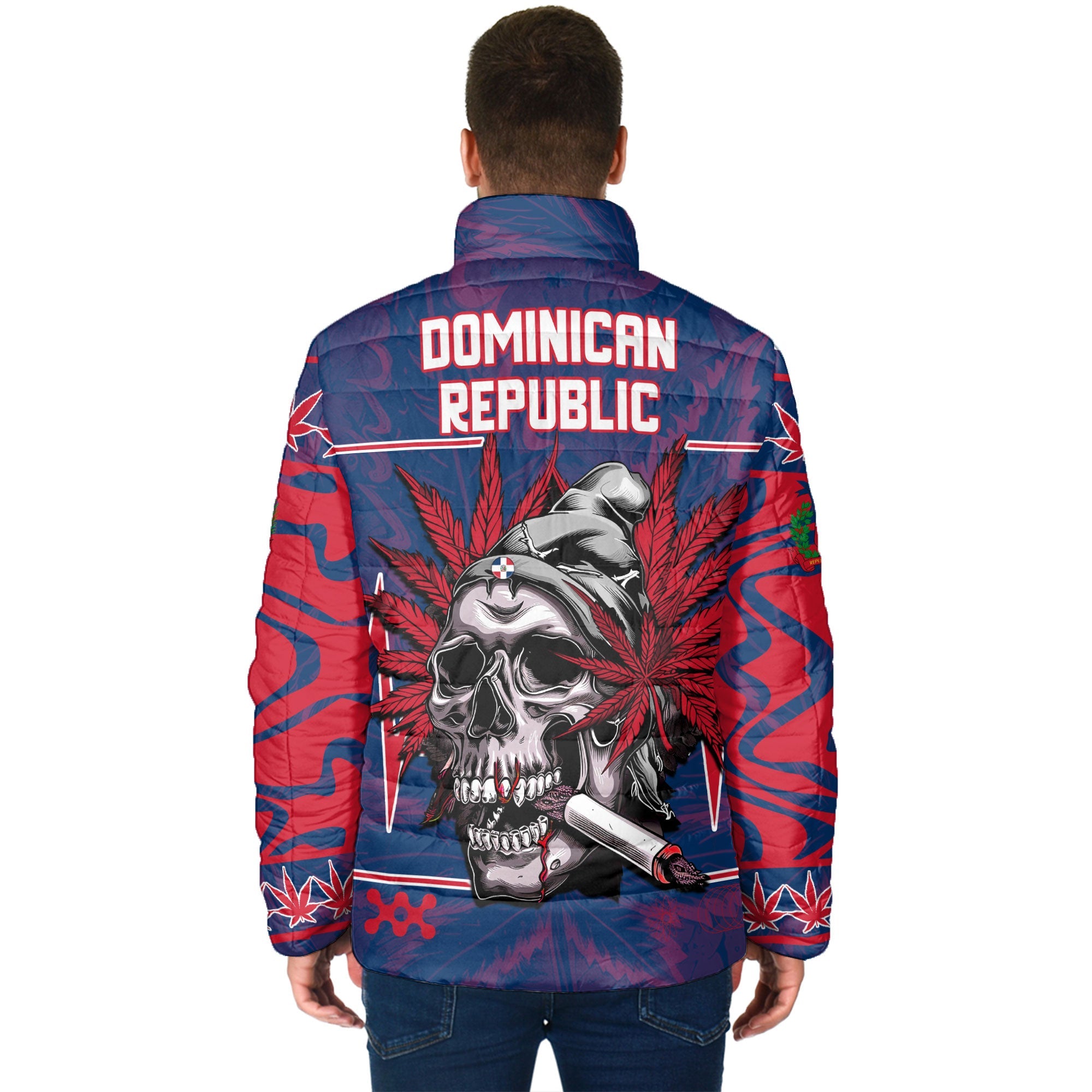 Dominican Republic Men Padded Jacket Flag & Coat Of Arms Marijuanas Style