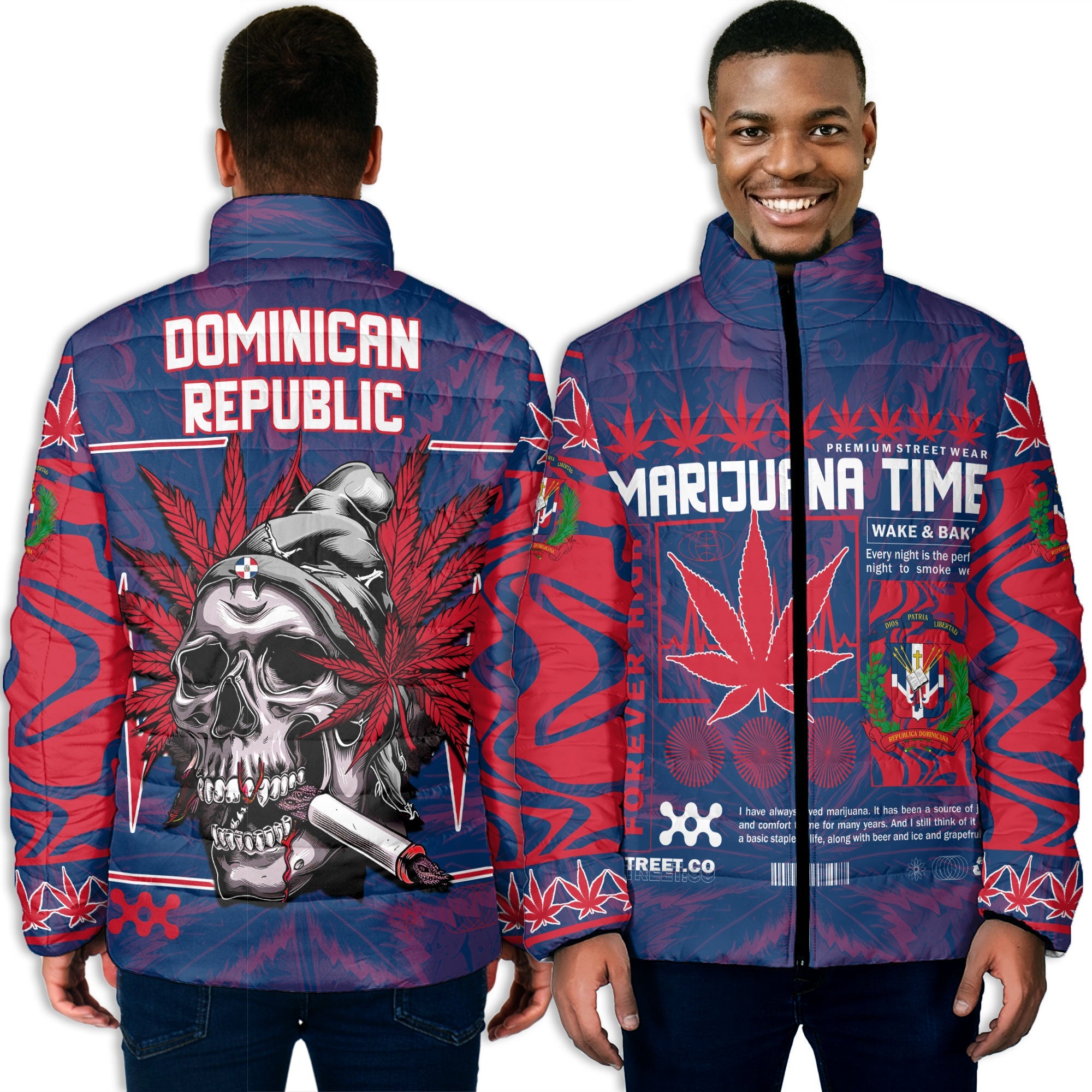 Dominican Republic Men Padded Jacket Flag & Coat Of Arms Marijuanas Style