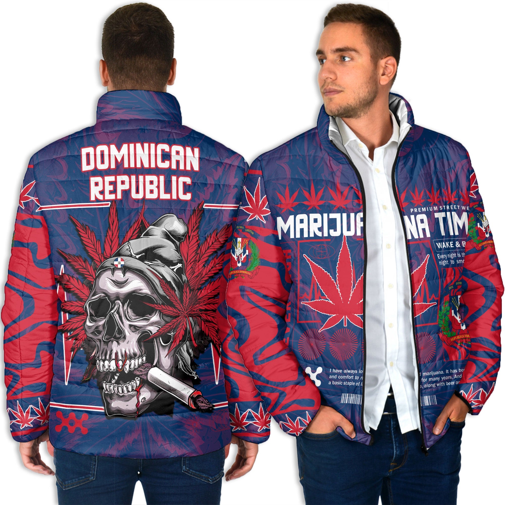 Dominican Republic Men Padded Jacket Flag & Coat Of Arms Marijuanas Style