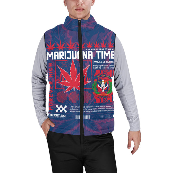 Dominican Republic Men Padded Jacket Vest Flag & Coat Of Arms Marijuanas Style