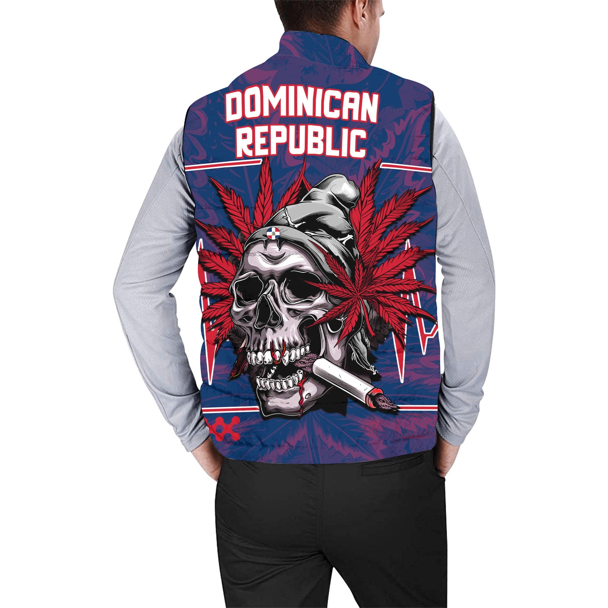 Dominican Republic Men Padded Jacket Vest Flag & Coat Of Arms Marijuanas Style