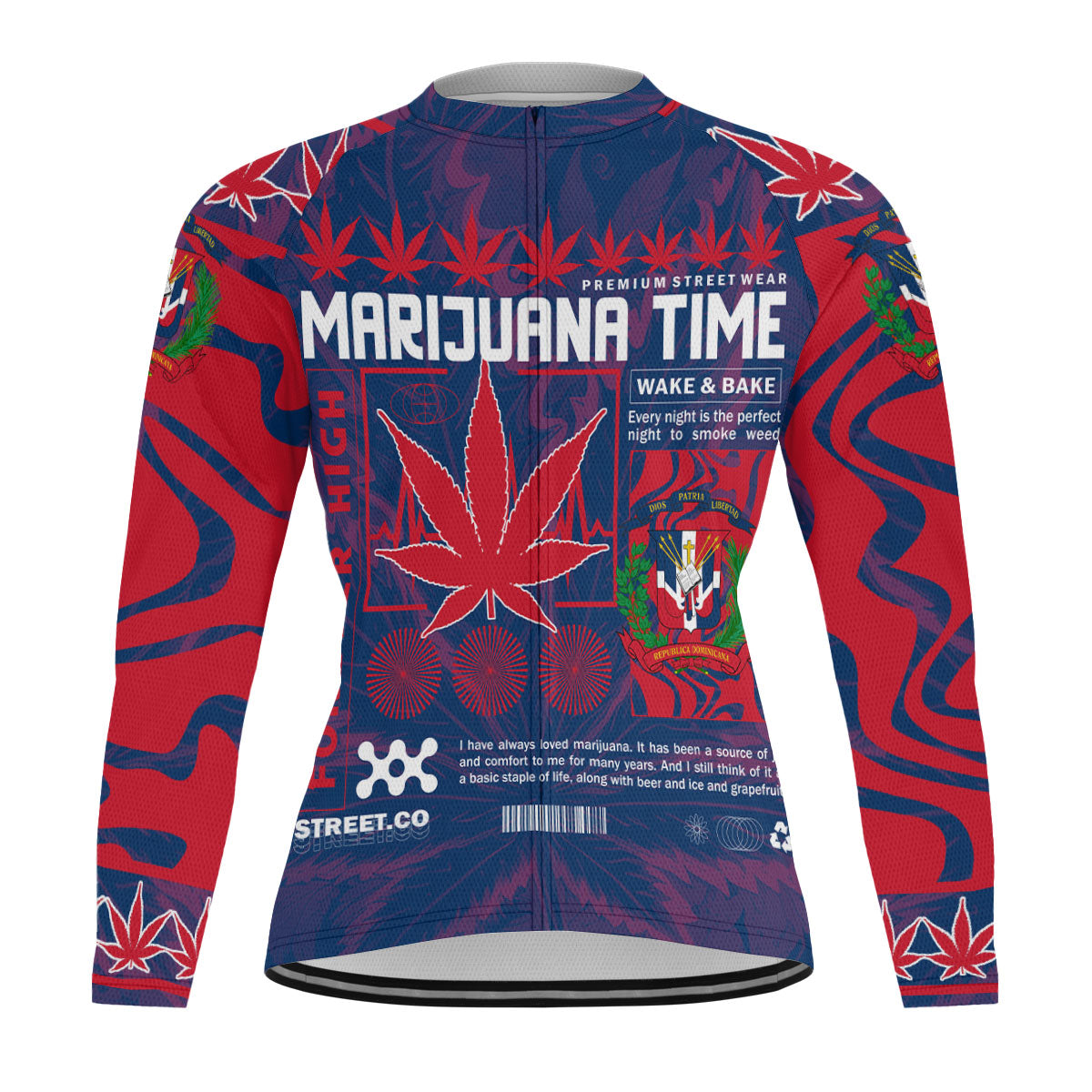 Dominican Republic Men's Cycling Jersey Long Sleeve Flag & Coat Of Arms Marijuanas Style