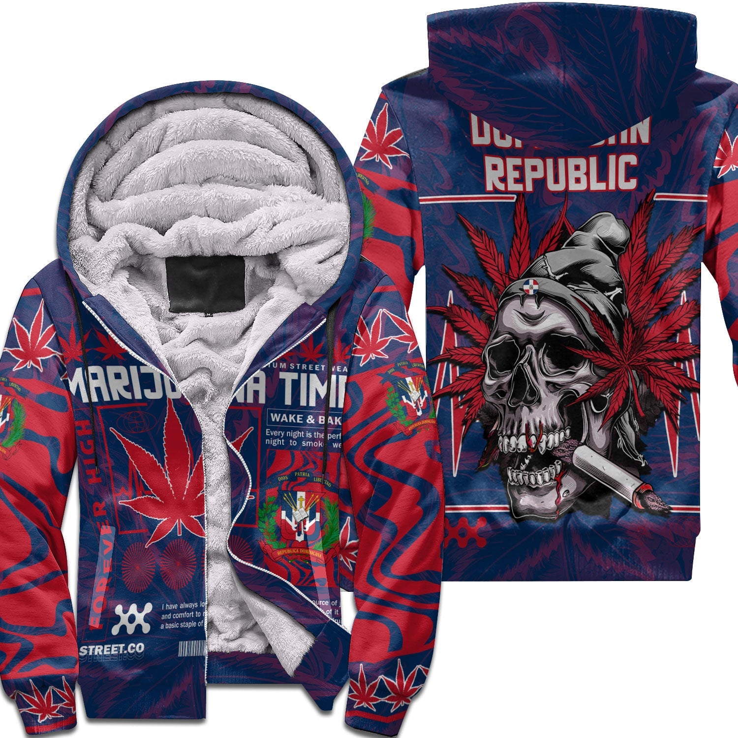 Dominican Republic Sherpa Hoodie Flag & Coat Of Arms Marijuanas Style