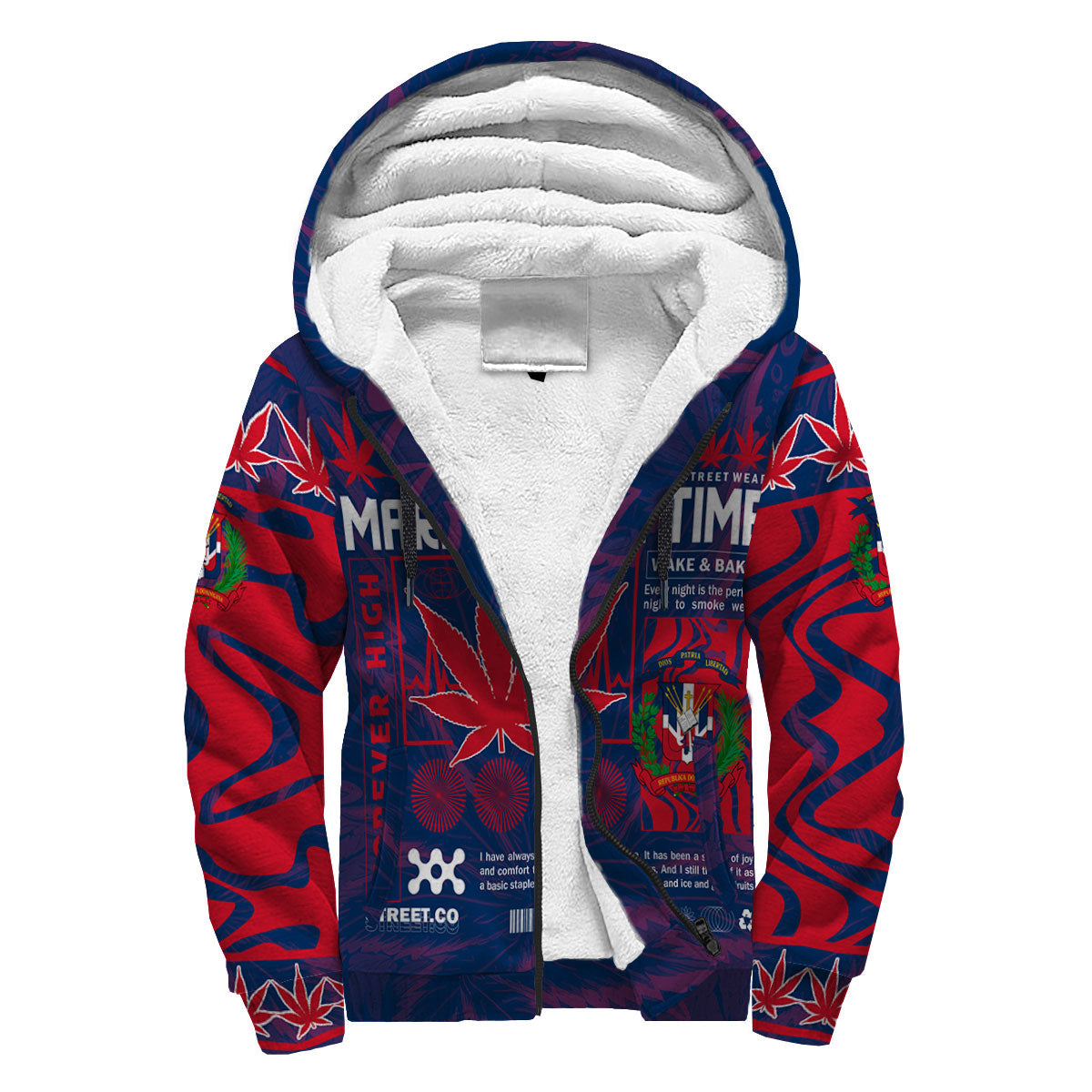 Dominican Republic Sherpa Hoodie Flag & Coat Of Arms Marijuanas Style