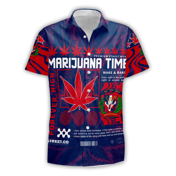 Dominican Republic Short Sleeve Shirt Flag & Coat Of Arms Marijuanas Style