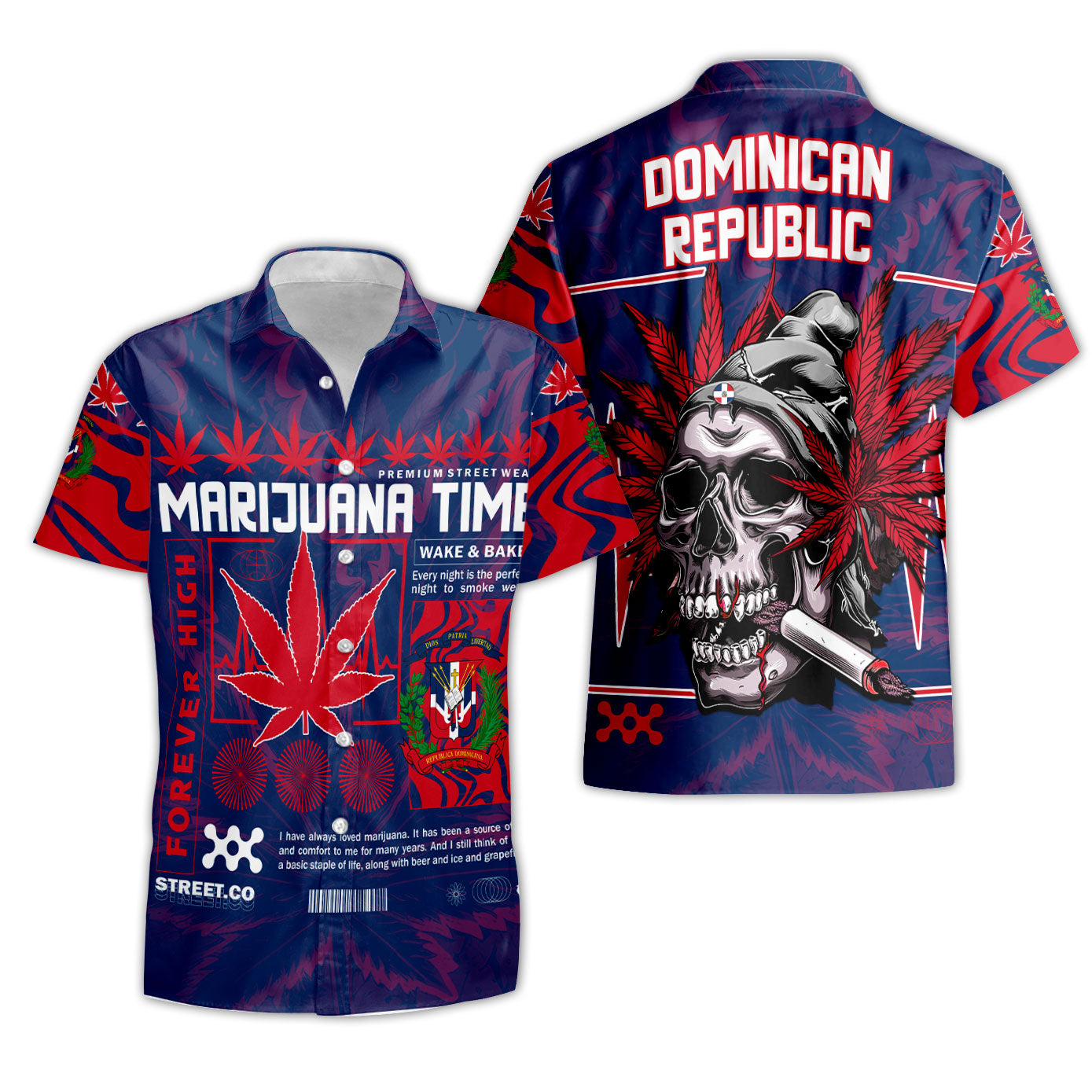 Dominican Republic Short Sleeve Shirt Flag & Coat Of Arms Marijuanas Style