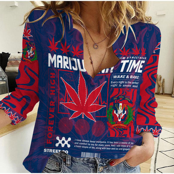 Dominican Republic Women Casual Shirt Flag & Coat Of Arms Marijuanas Style