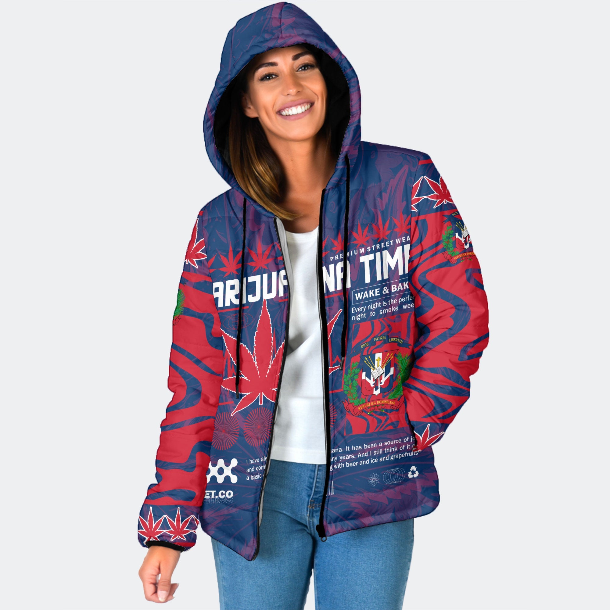 Dominican Republic Women Hooded Padded Jacket Flag & Coat Of Arms Marijuanas Style