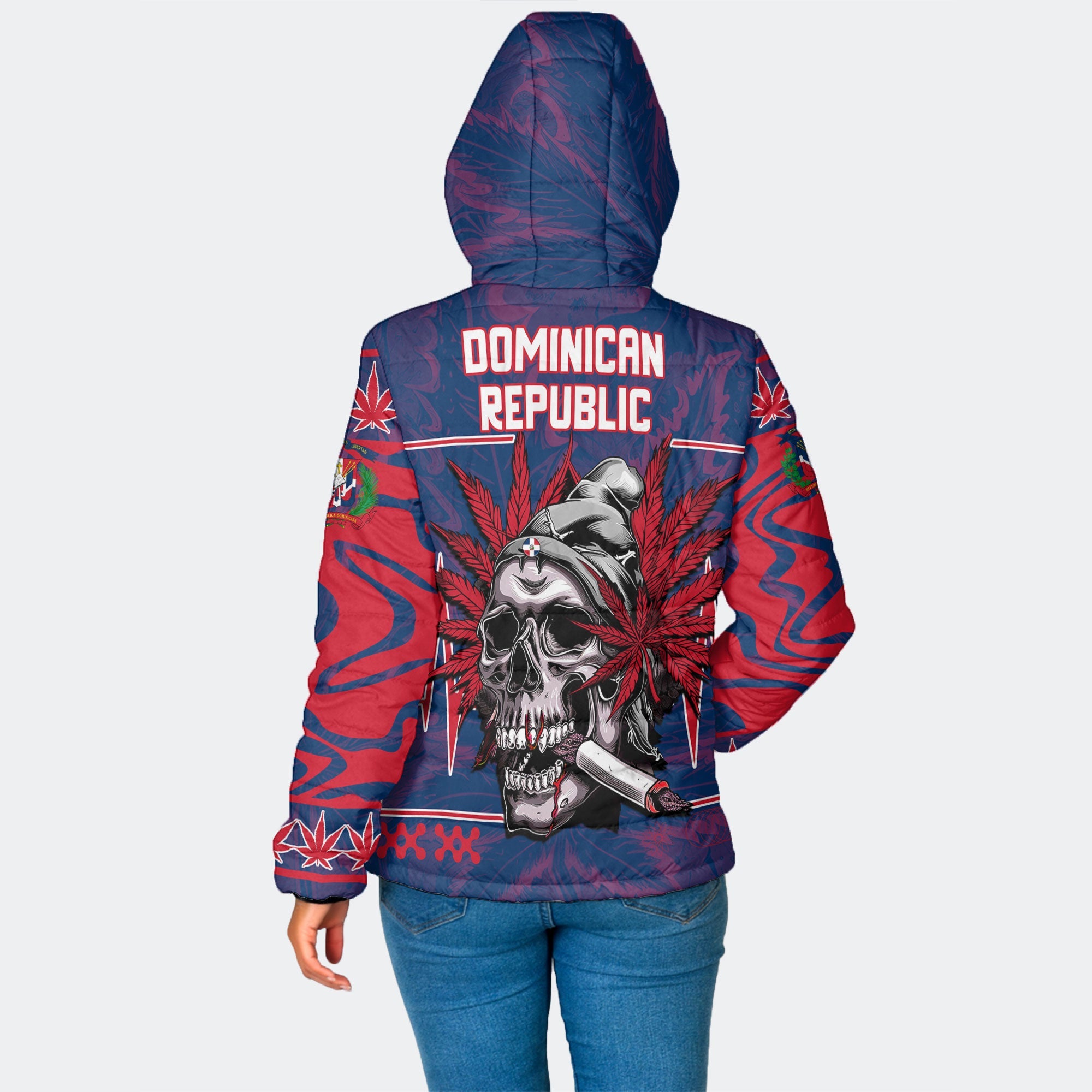 Dominican Republic Women Hooded Padded Jacket Flag & Coat Of Arms Marijuanas Style