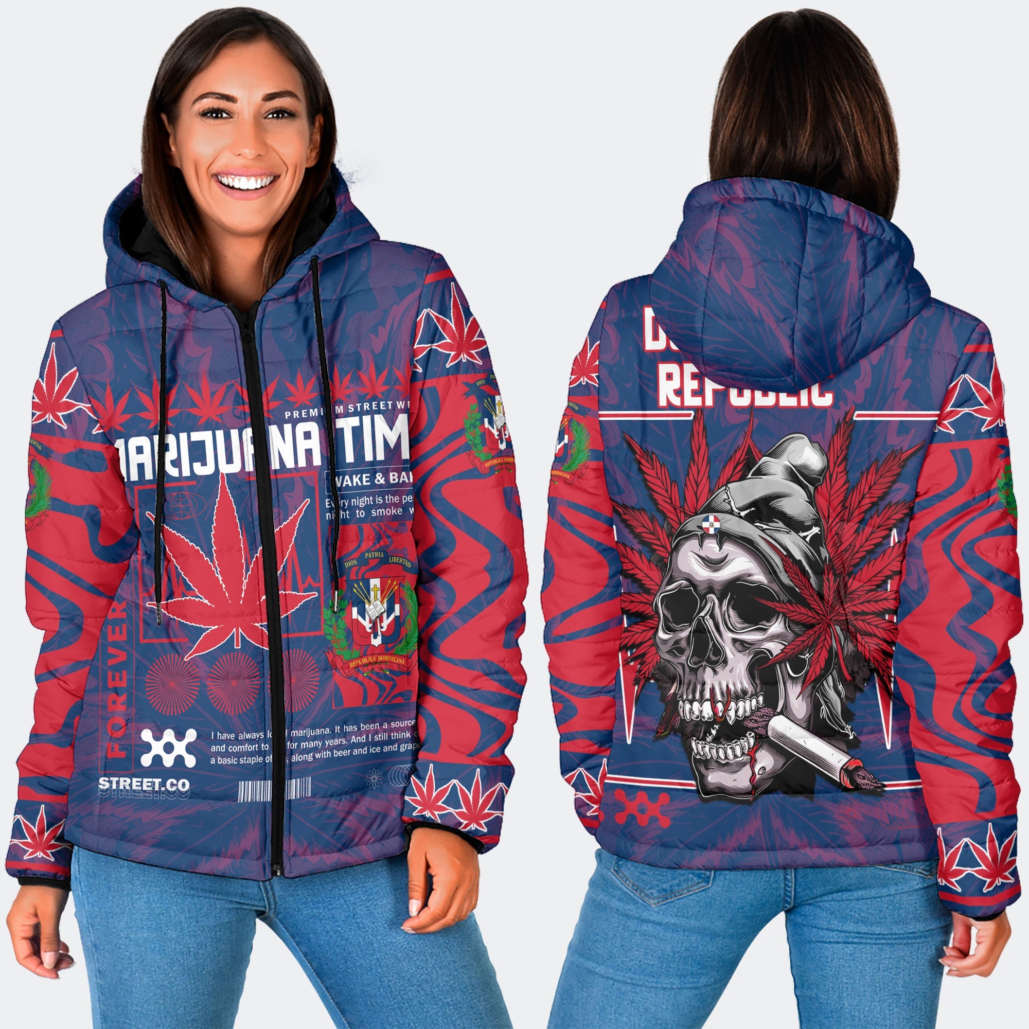 Dominican Republic Women Hooded Padded Jacket Flag & Coat Of Arms Marijuanas Style