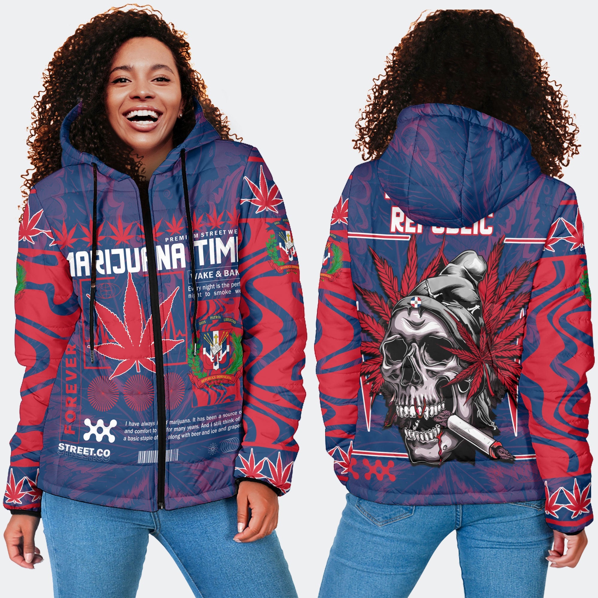 Dominican Republic Women Hooded Padded Jacket Flag & Coat Of Arms Marijuanas Style