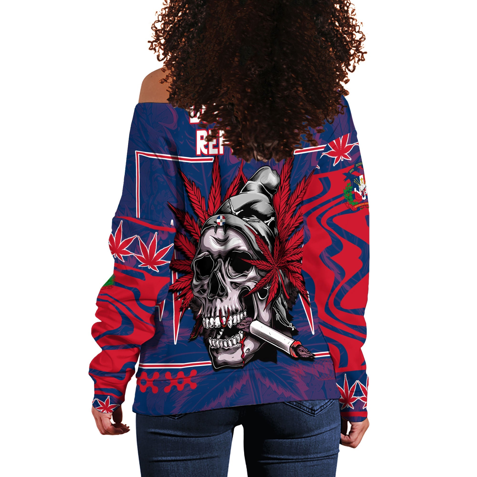 Dominican Republic Women Off Shoulder Sweatshirt Flag & Coat Of Arms Marijuanas Style