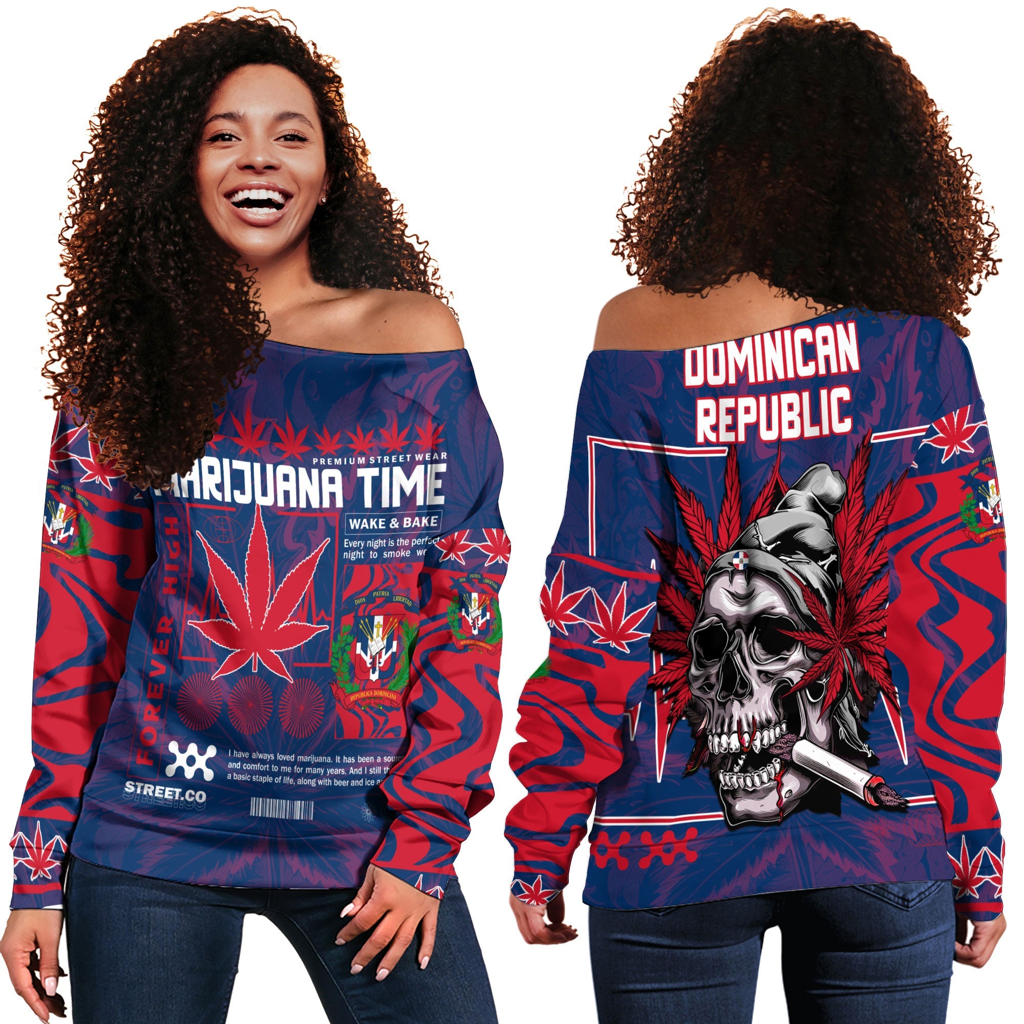 Dominican Republic Women Off Shoulder Sweatshirt Flag & Coat Of Arms Marijuanas Style