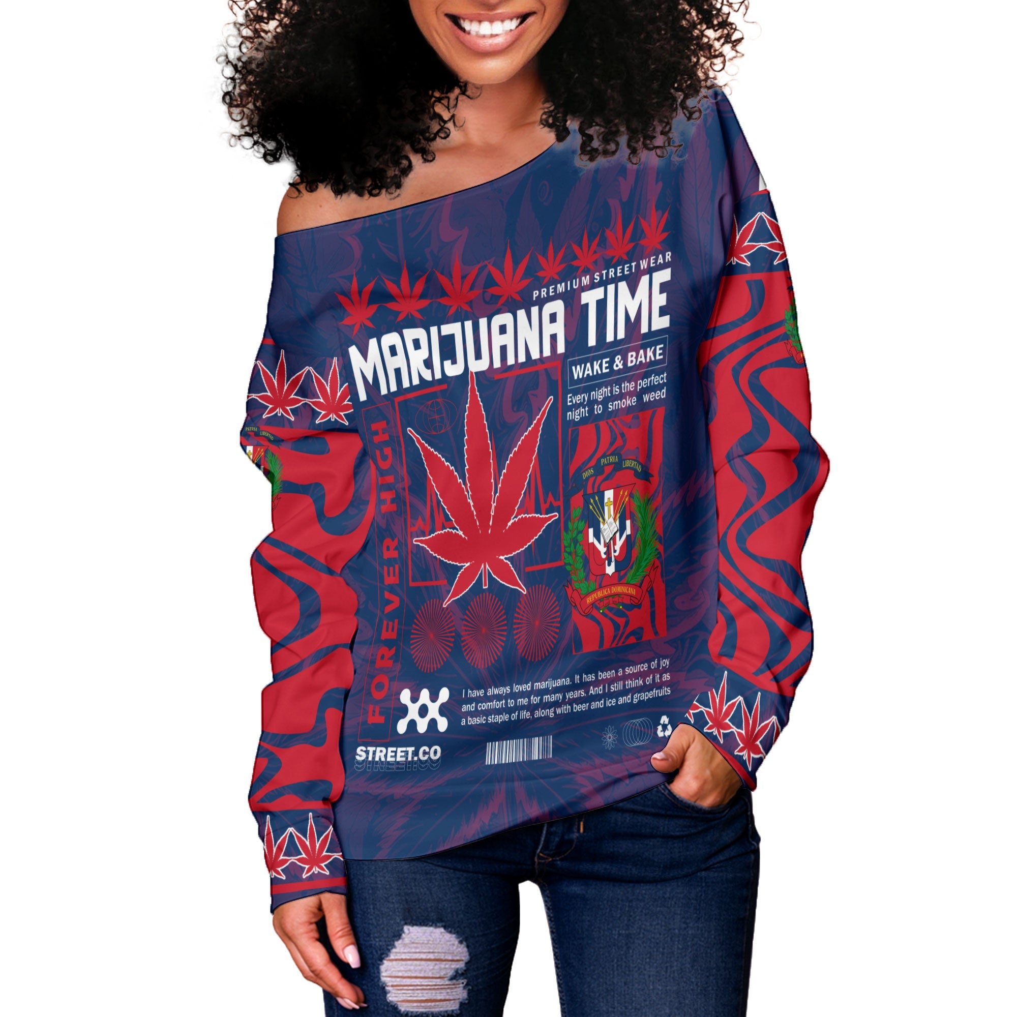 Dominican Republic Women Off Shoulder Sweatshirt Flag & Coat Of Arms Marijuanas Style