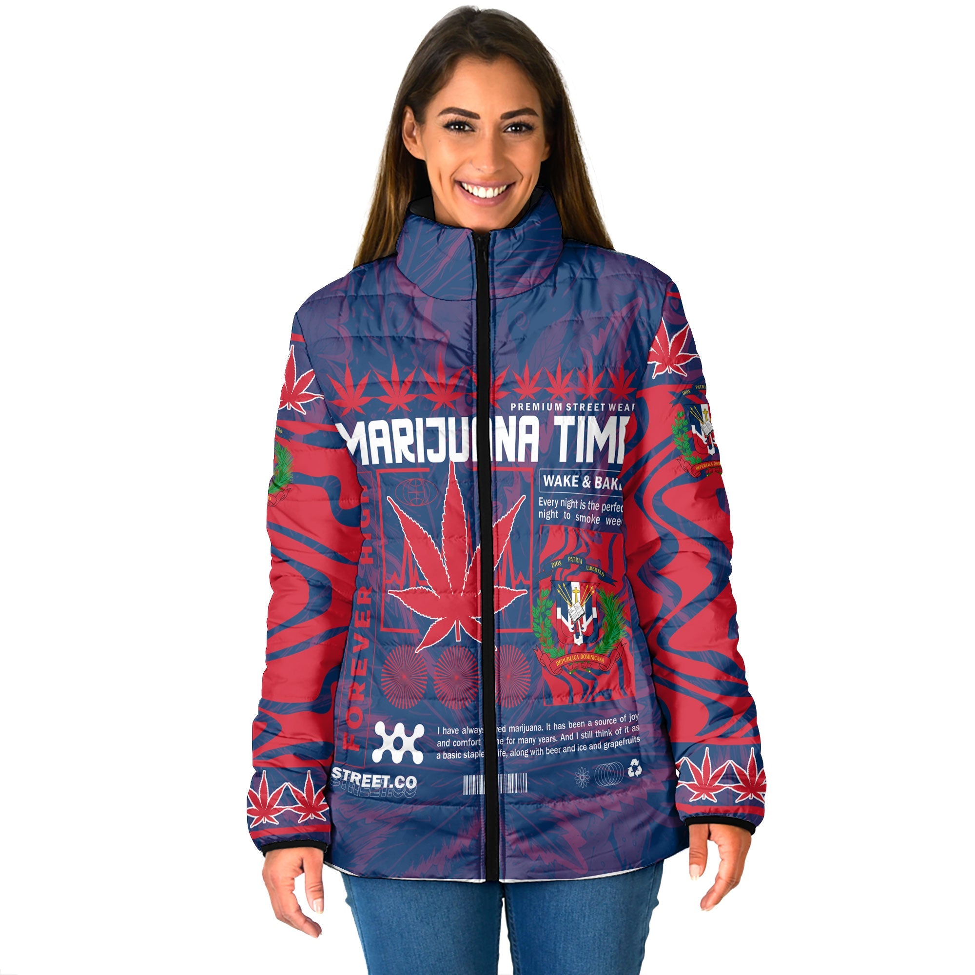 Dominican Republic Women Padded Jacket Flag & Coat Of Arms Marijuanas Style