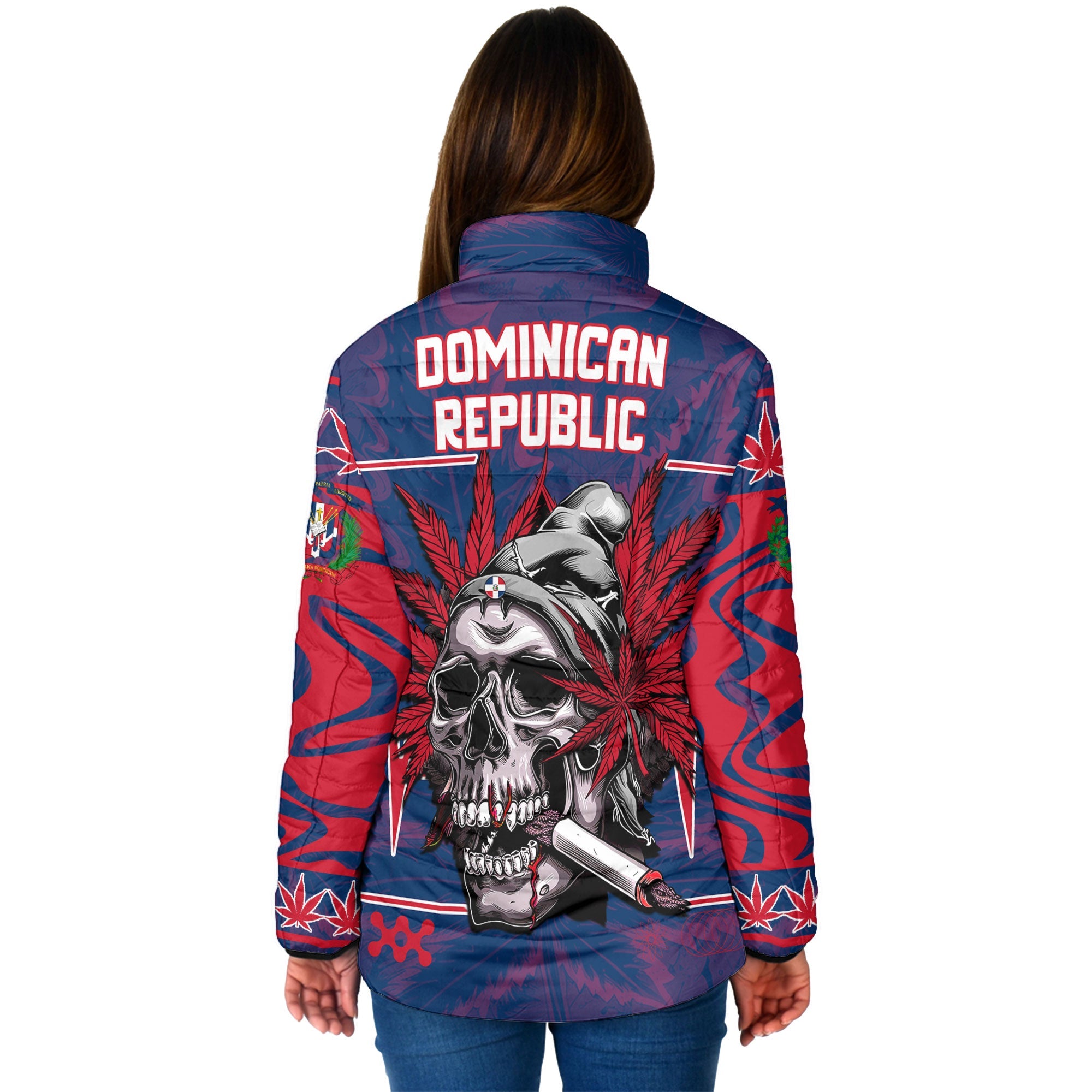 Dominican Republic Women Padded Jacket Flag & Coat Of Arms Marijuanas Style