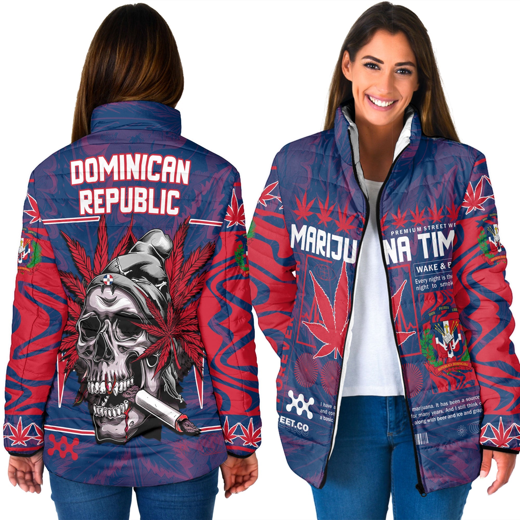 Dominican Republic Women Padded Jacket Flag & Coat Of Arms Marijuanas Style