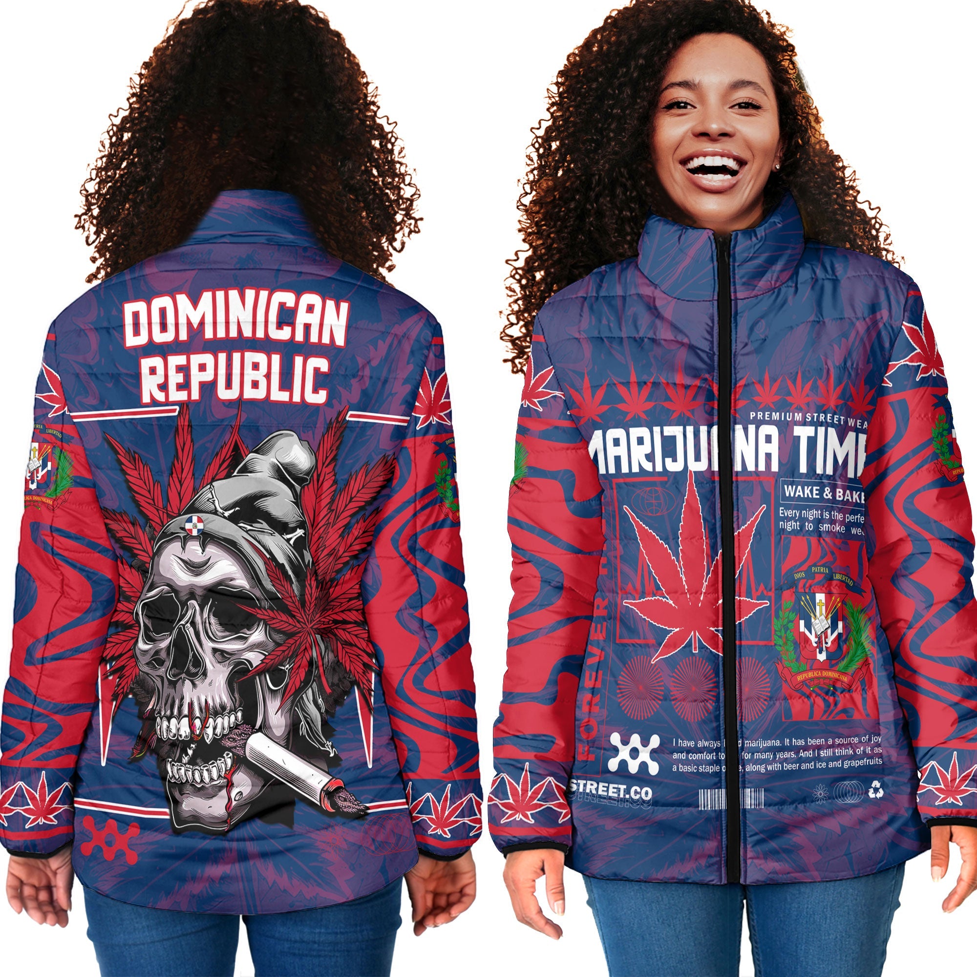 Dominican Republic Women Padded Jacket Flag & Coat Of Arms Marijuanas Style