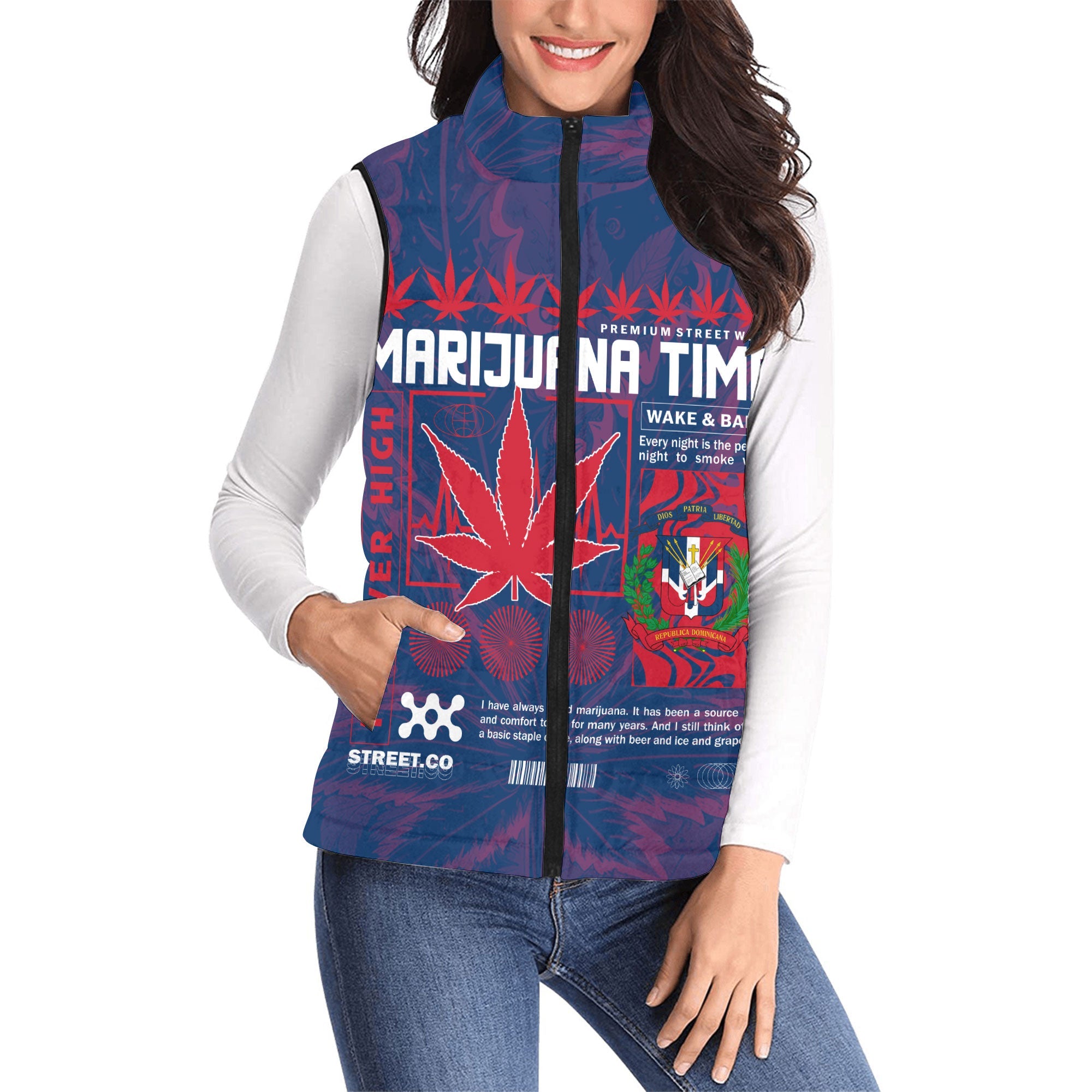 Dominican Republic Women Padded Jacket Vest Flag & Coat Of Arms Marijuanas Style