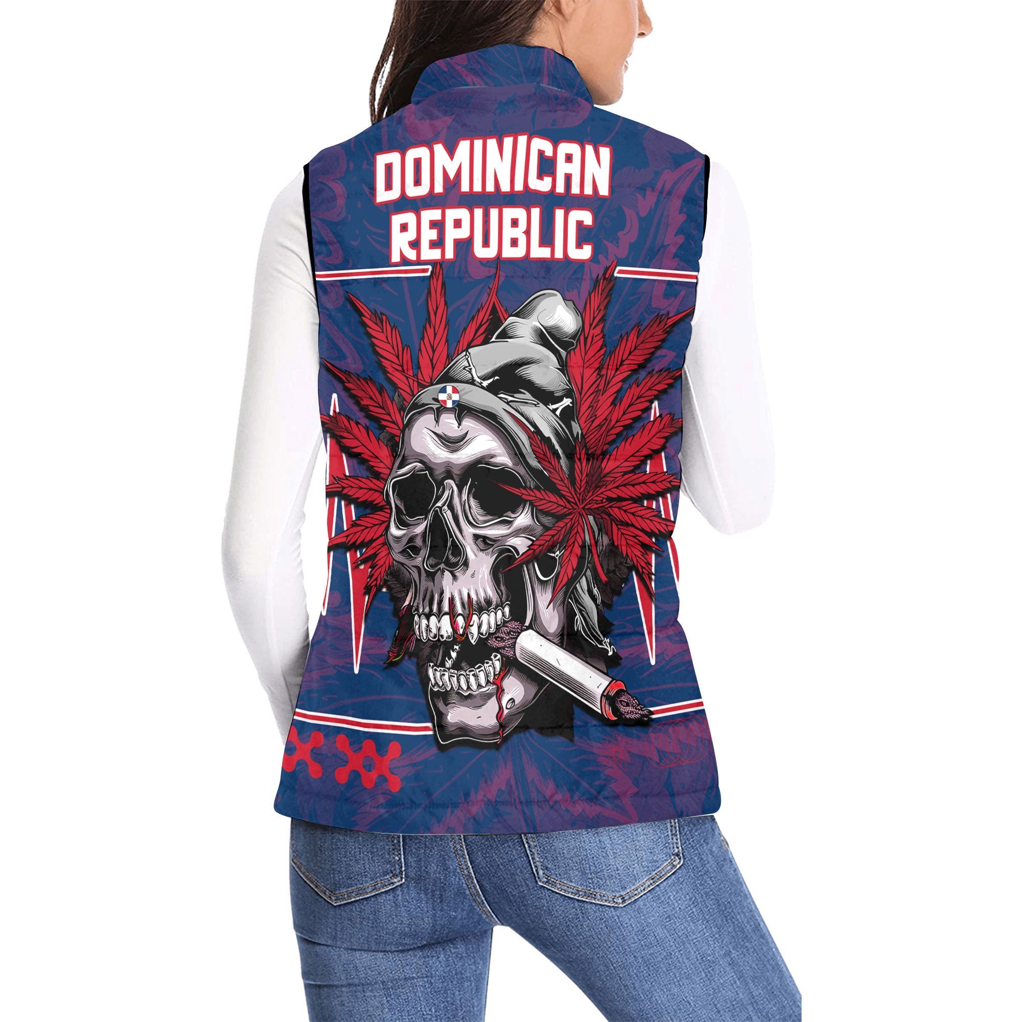 Dominican Republic Women Padded Jacket Vest Flag & Coat Of Arms Marijuanas Style