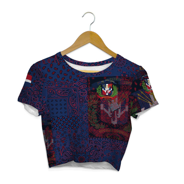 Dominican Republic Croptop T Shirt Paisley Flag And Skull Style 1