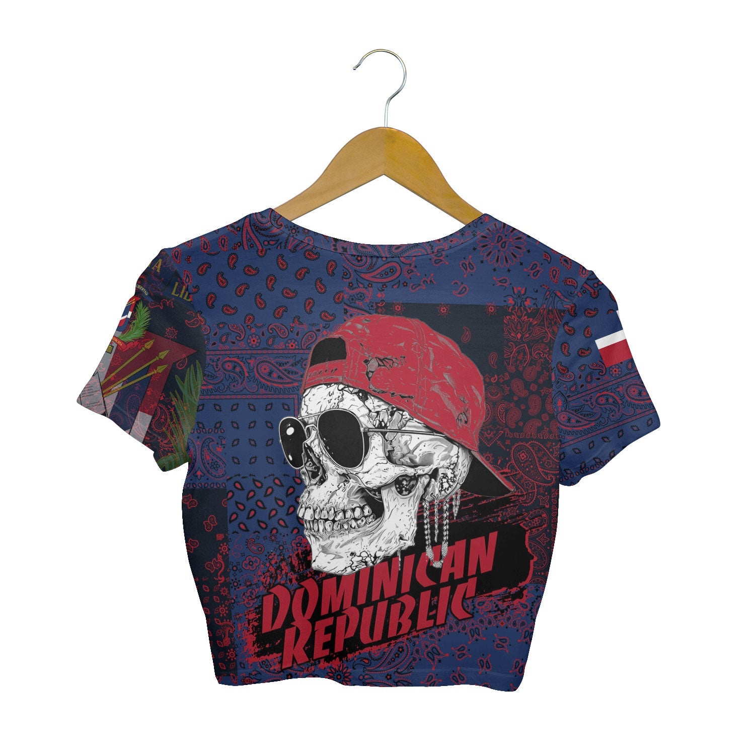 Dominican Republic Croptop T Shirt Paisley Flag And Skull Style 2