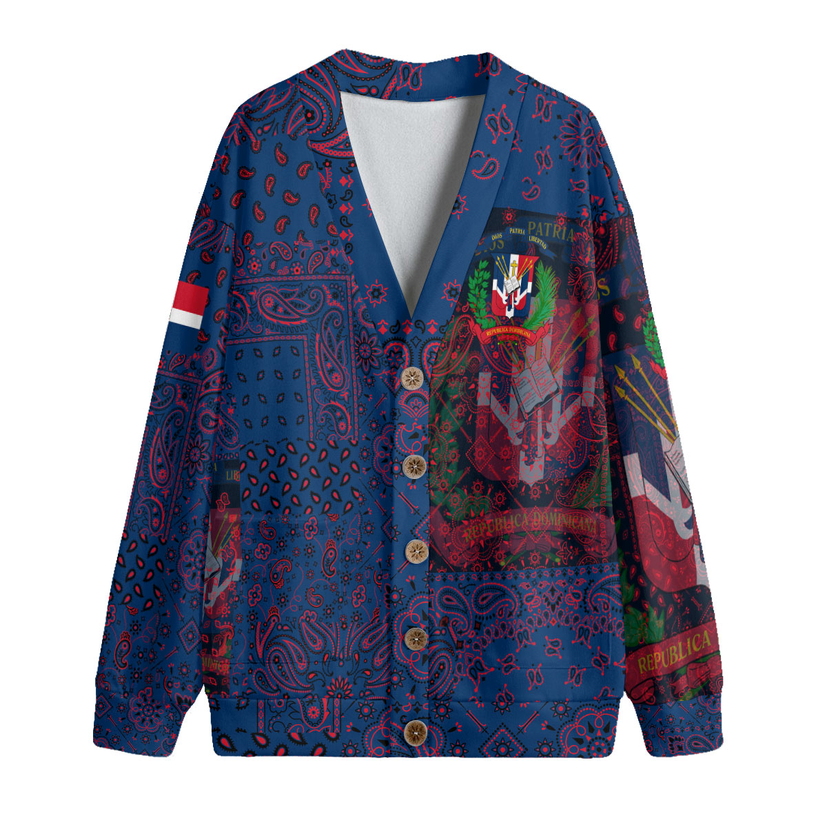 Dominican Republic Fleece Cardigan Paisley Flag And Skull Style 1