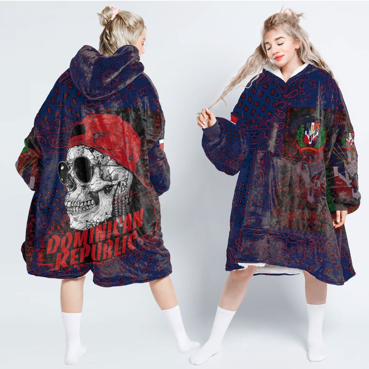 Dominican Republic Hoodie Blanket Paisley Flag And Skull Style 1