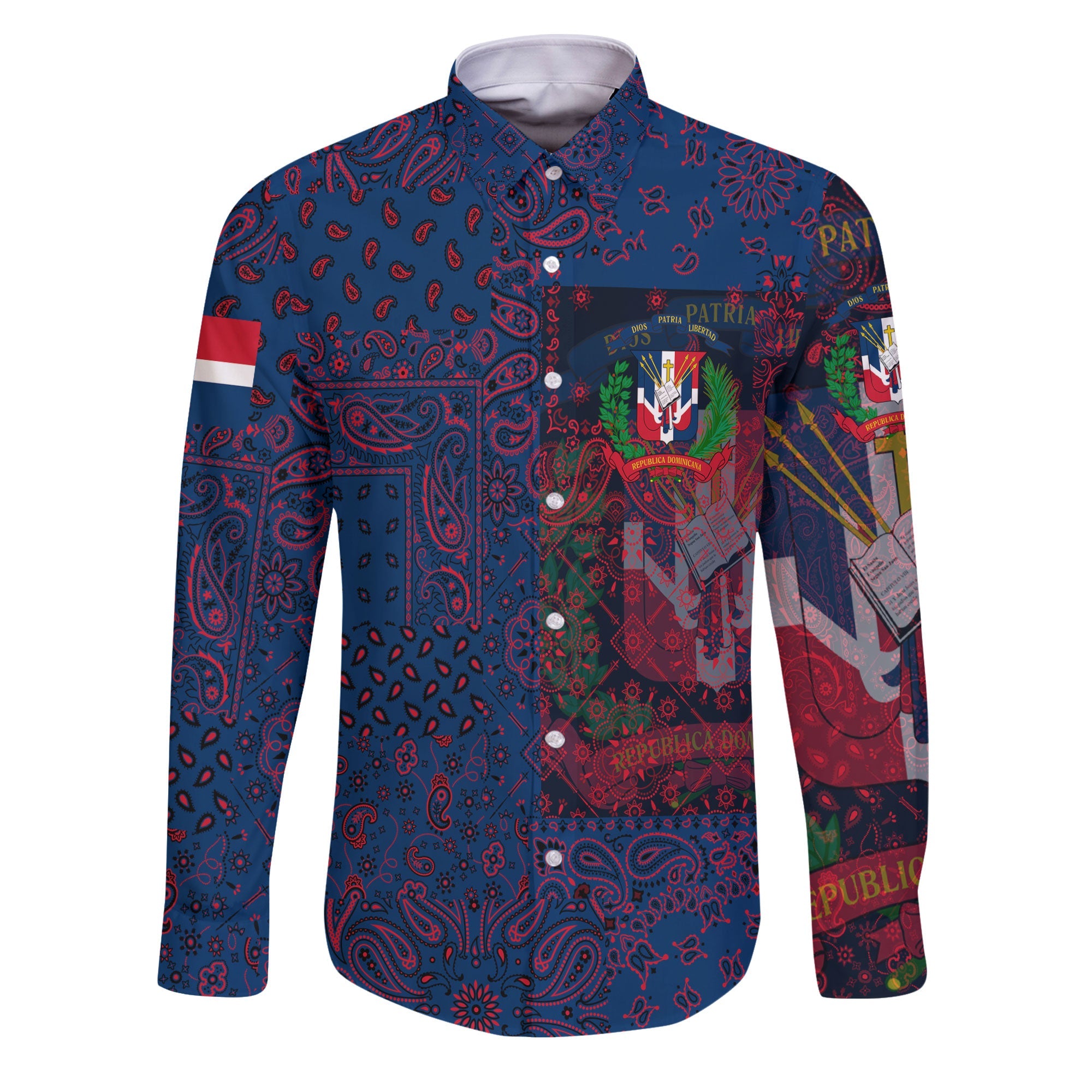 Dominican Republic Long Sleeve Button Shirt Paisley Flag And Skull Style 1