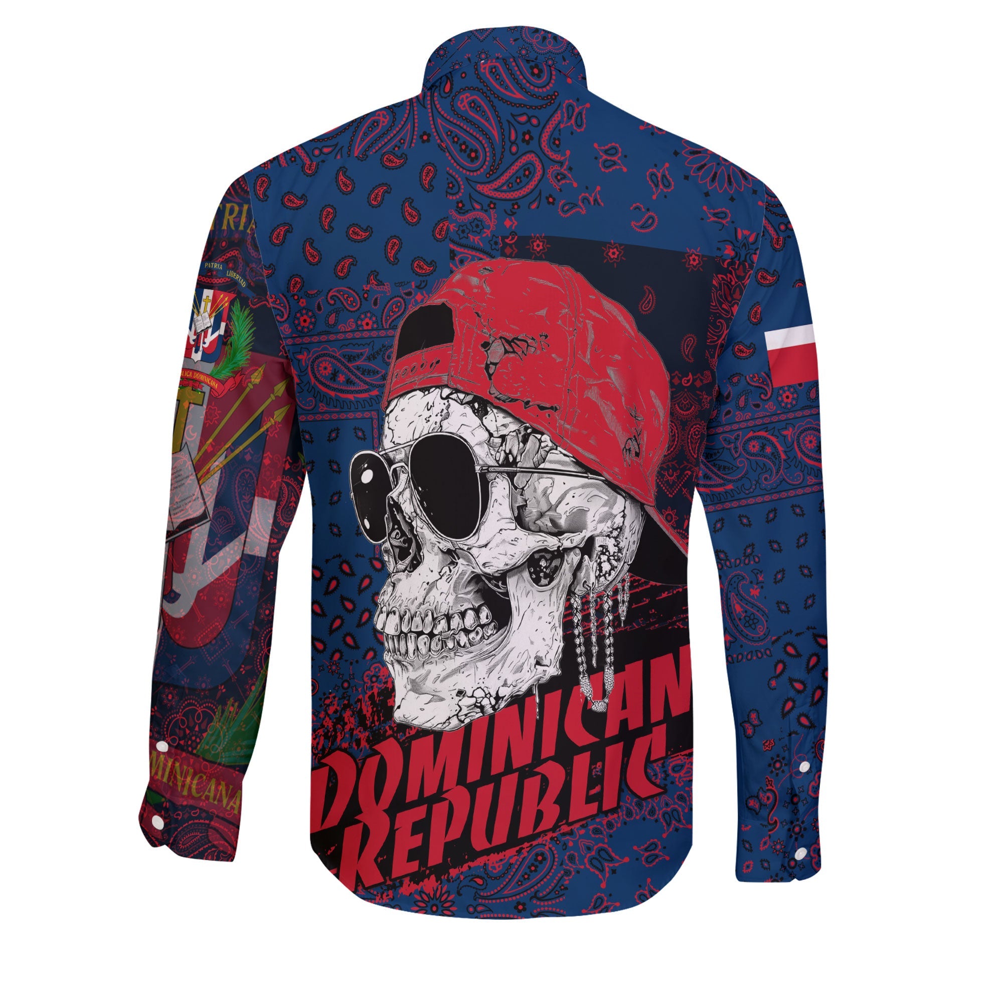 Dominican Republic Long Sleeve Button Shirt Paisley Flag And Skull Style 2