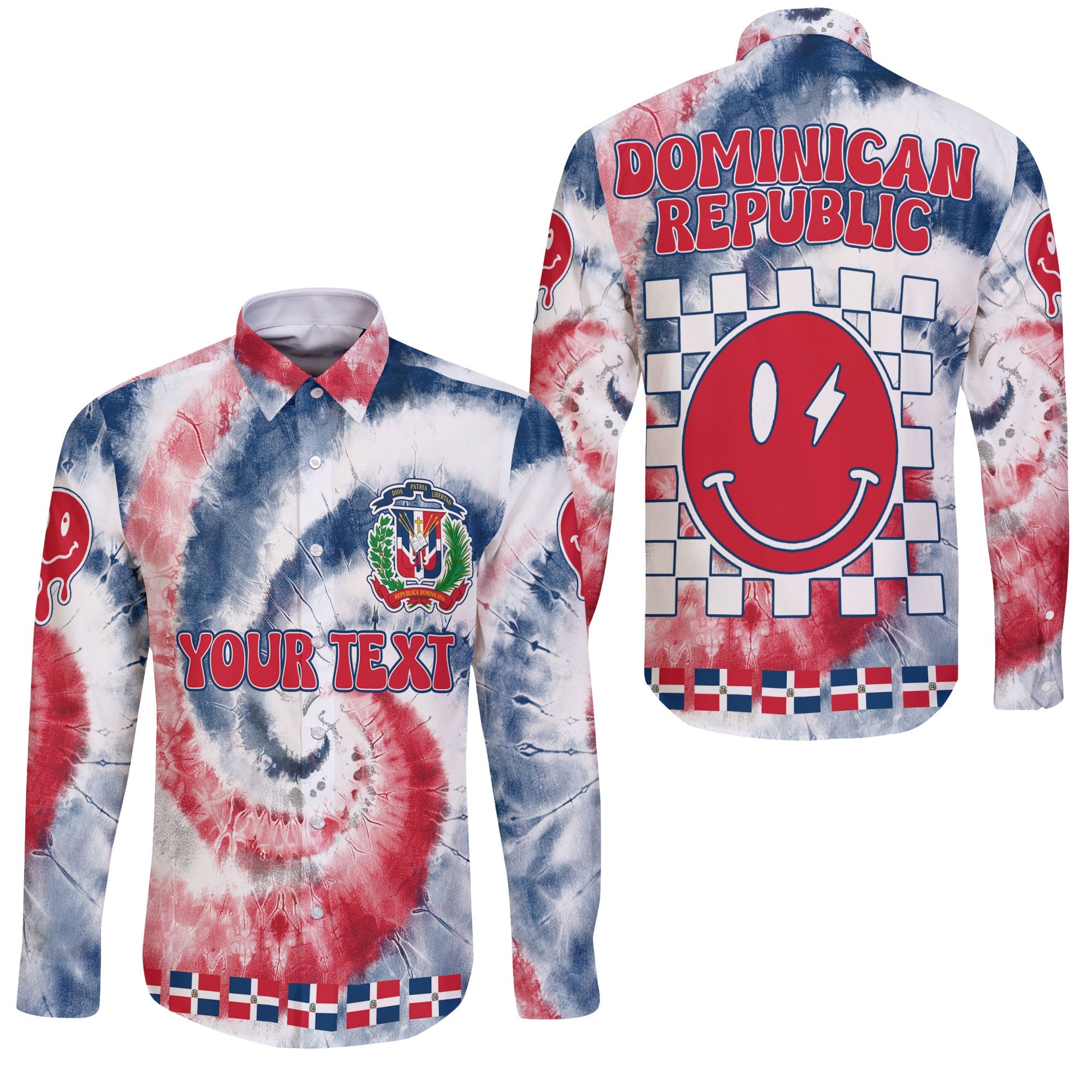 Dominican Republic Long Sleeve Button Shirt Custom Tie Dye Style 3