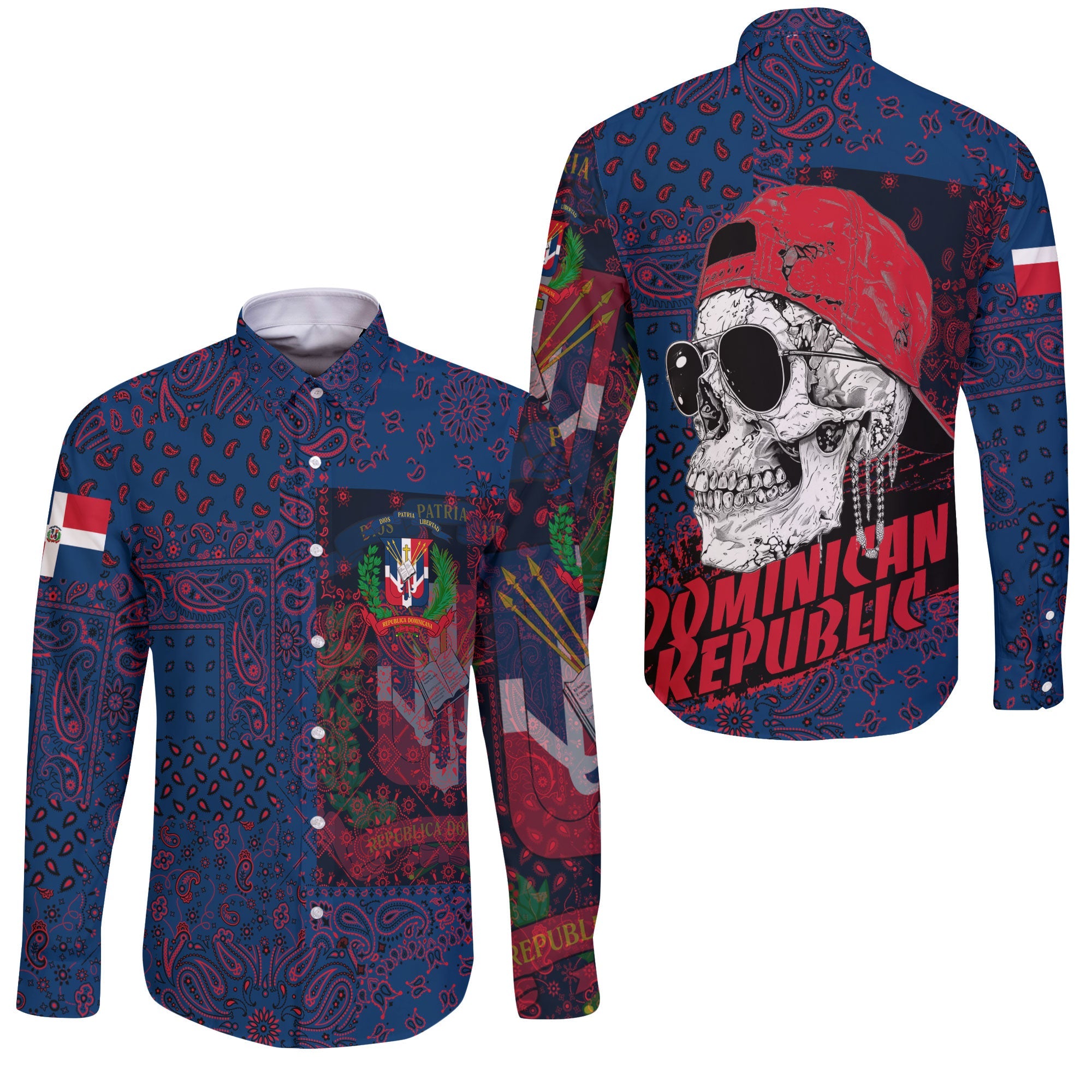 Dominican Republic Long Sleeve Button Shirt Paisley Flag And Skull Style 3