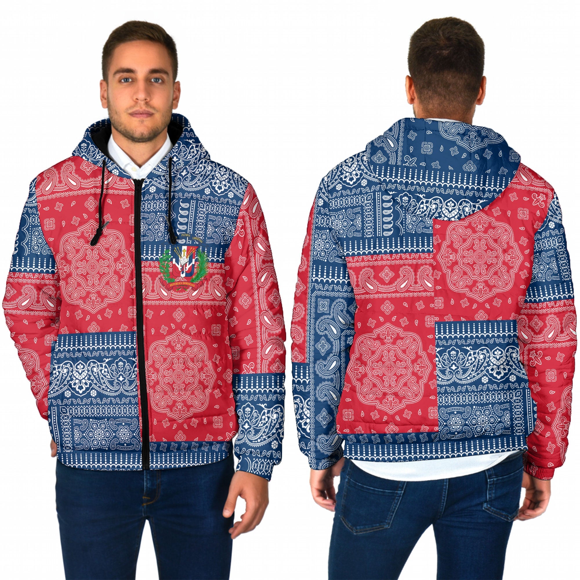 Dominican Republic Men Hooded Padded Jacket Flag And Paisley Basic Style 1