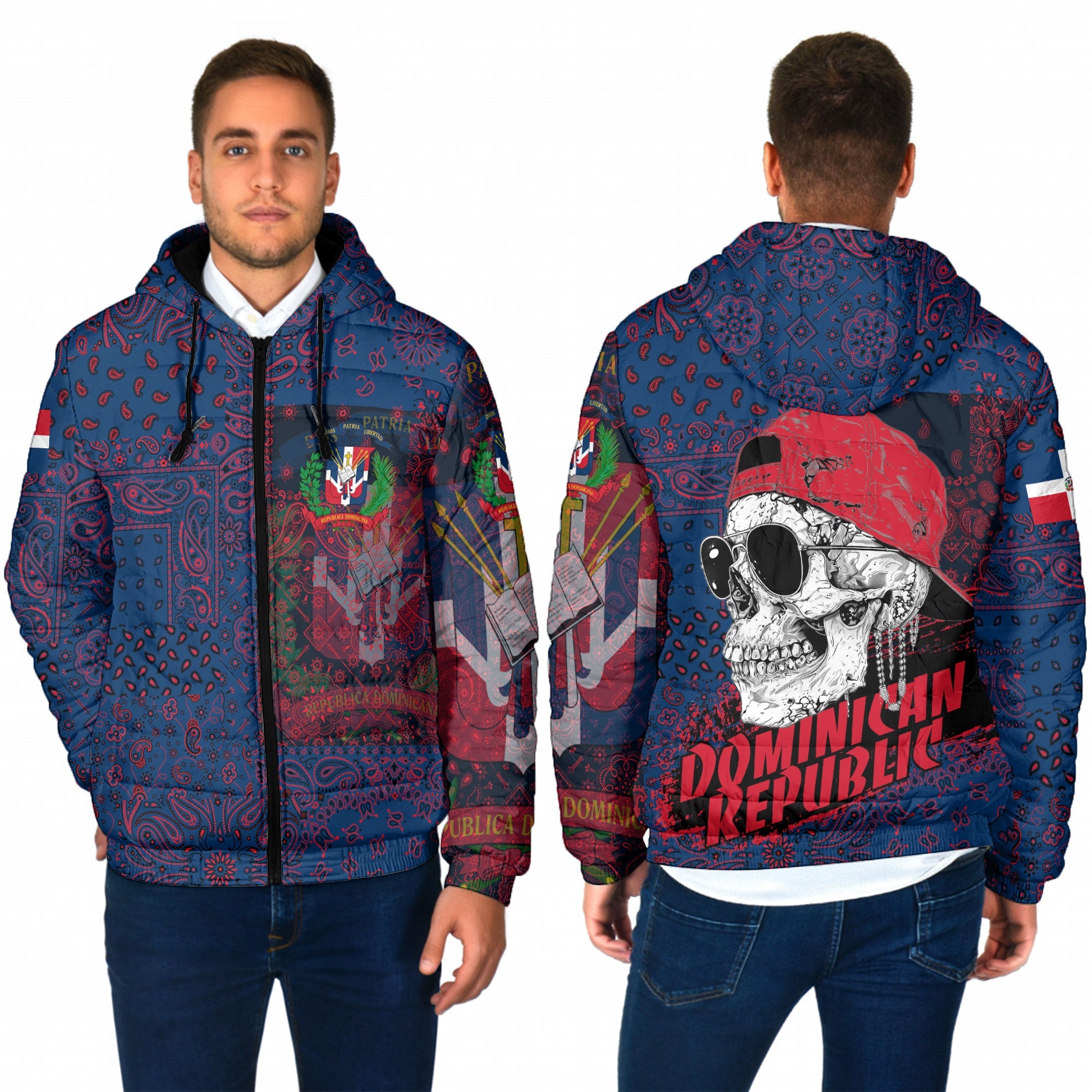 Dominican Republic Men Hooded Padded Jacket Paisley Flag And Skull Style 1