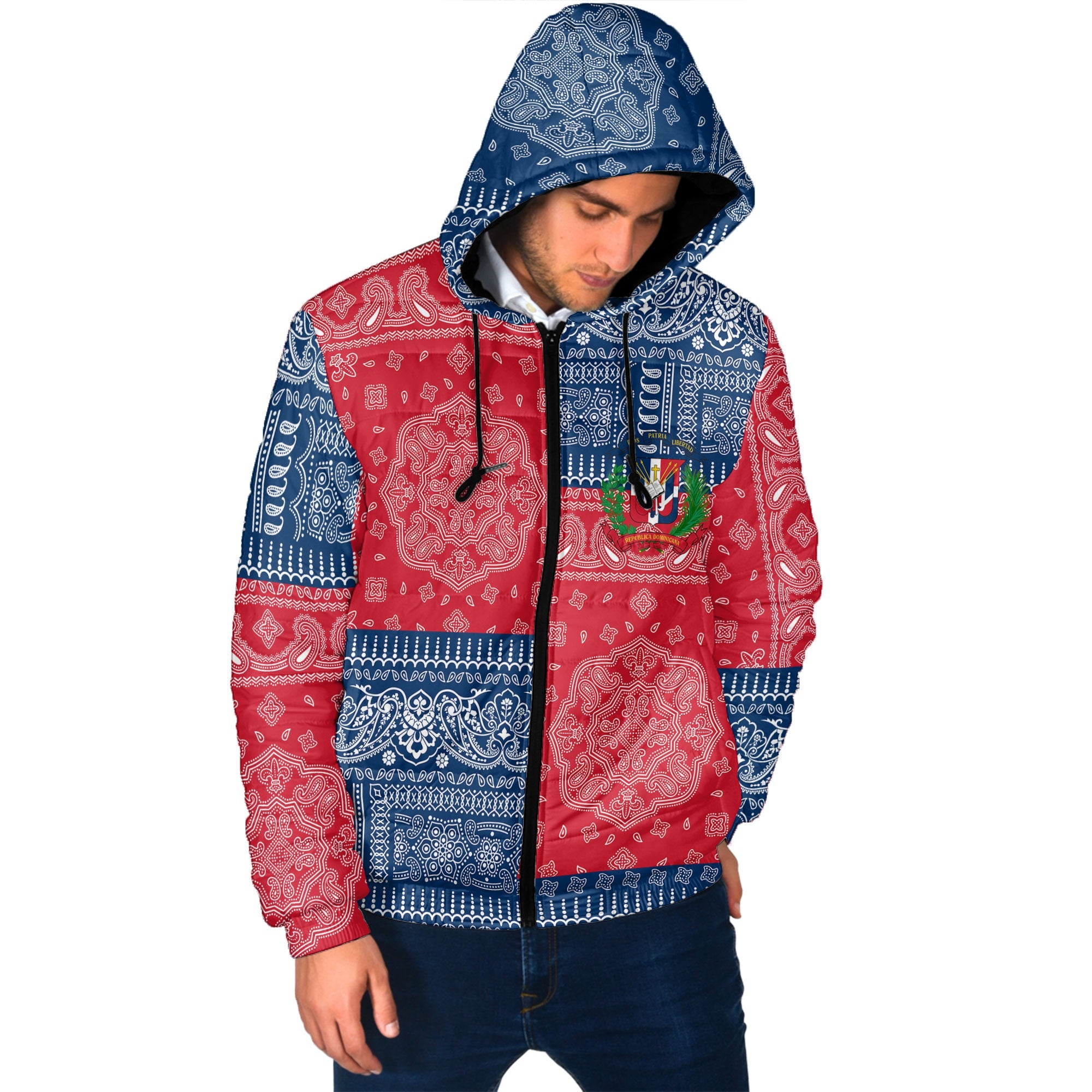 Dominican Republic Men Hooded Padded Jacket Flag And Paisley Basic Style 2