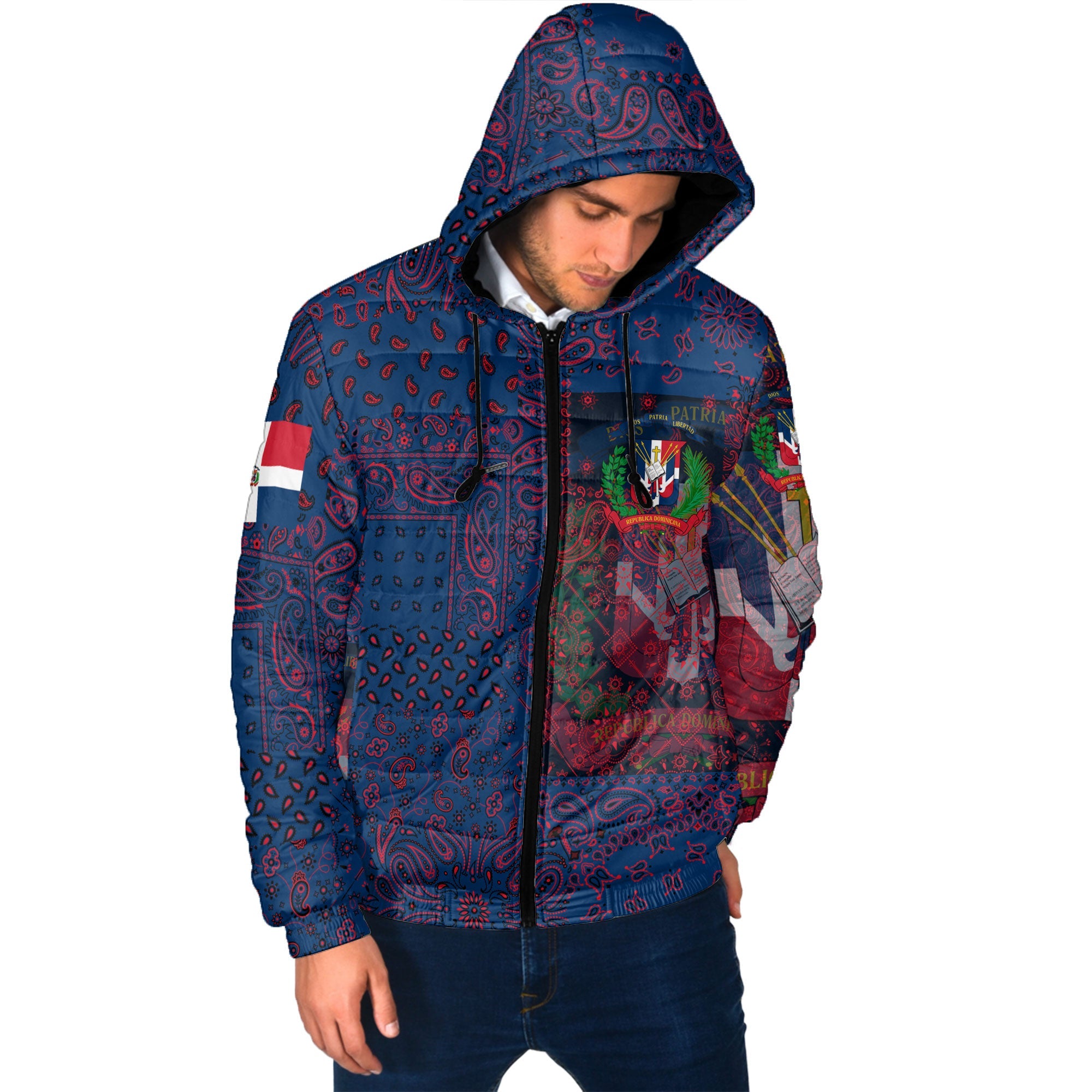 Dominican Republic Men Hooded Padded Jacket Paisley Flag And Skull Style 2