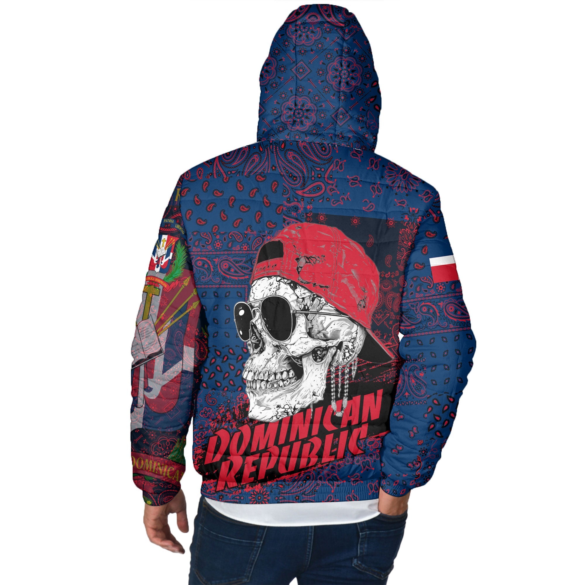 Dominican Republic Men Hooded Padded Jacket Paisley Flag And Skull Style 3