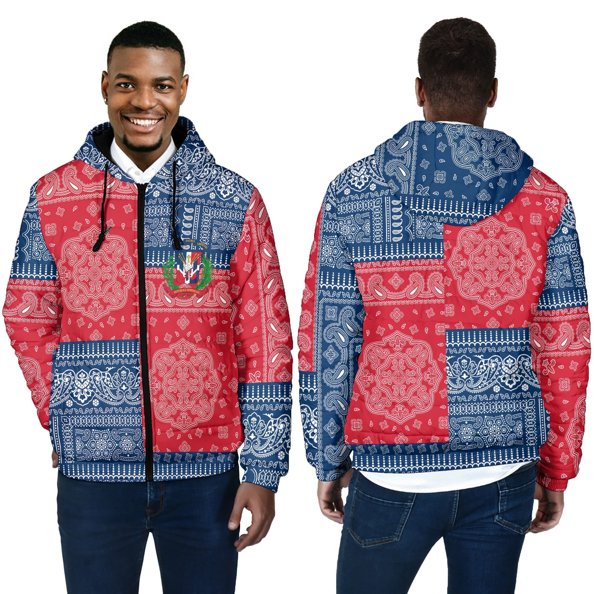 Dominican Republic Men Hooded Padded Jacket Flag And Paisley Basic Style 4