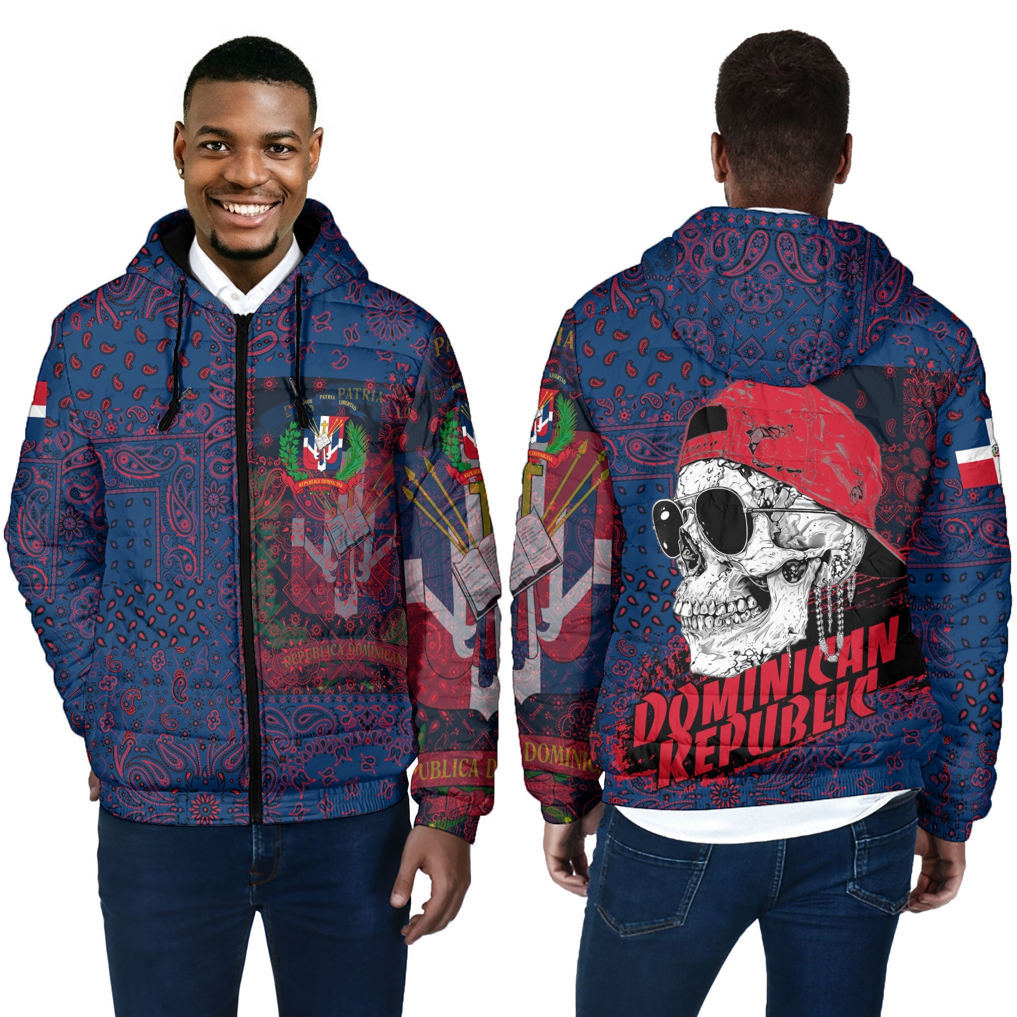 Dominican Republic Men Hooded Padded Jacket Paisley Flag And Skull Style 4