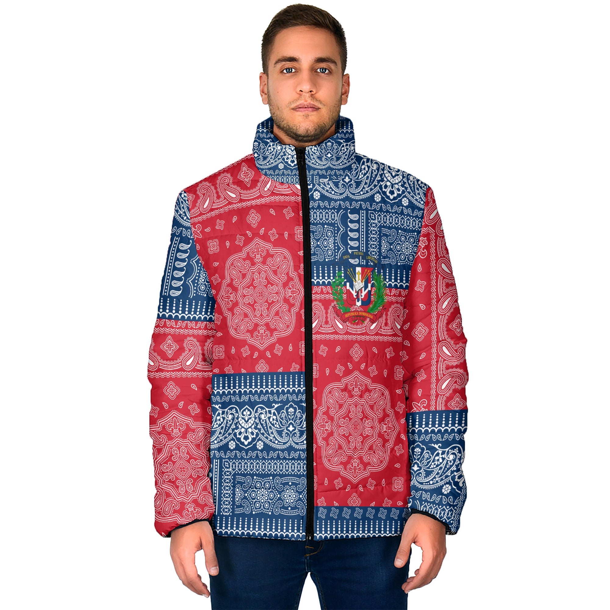 Dominican Republic Men Padded Jacket Flag And Paisley Basic Style 1