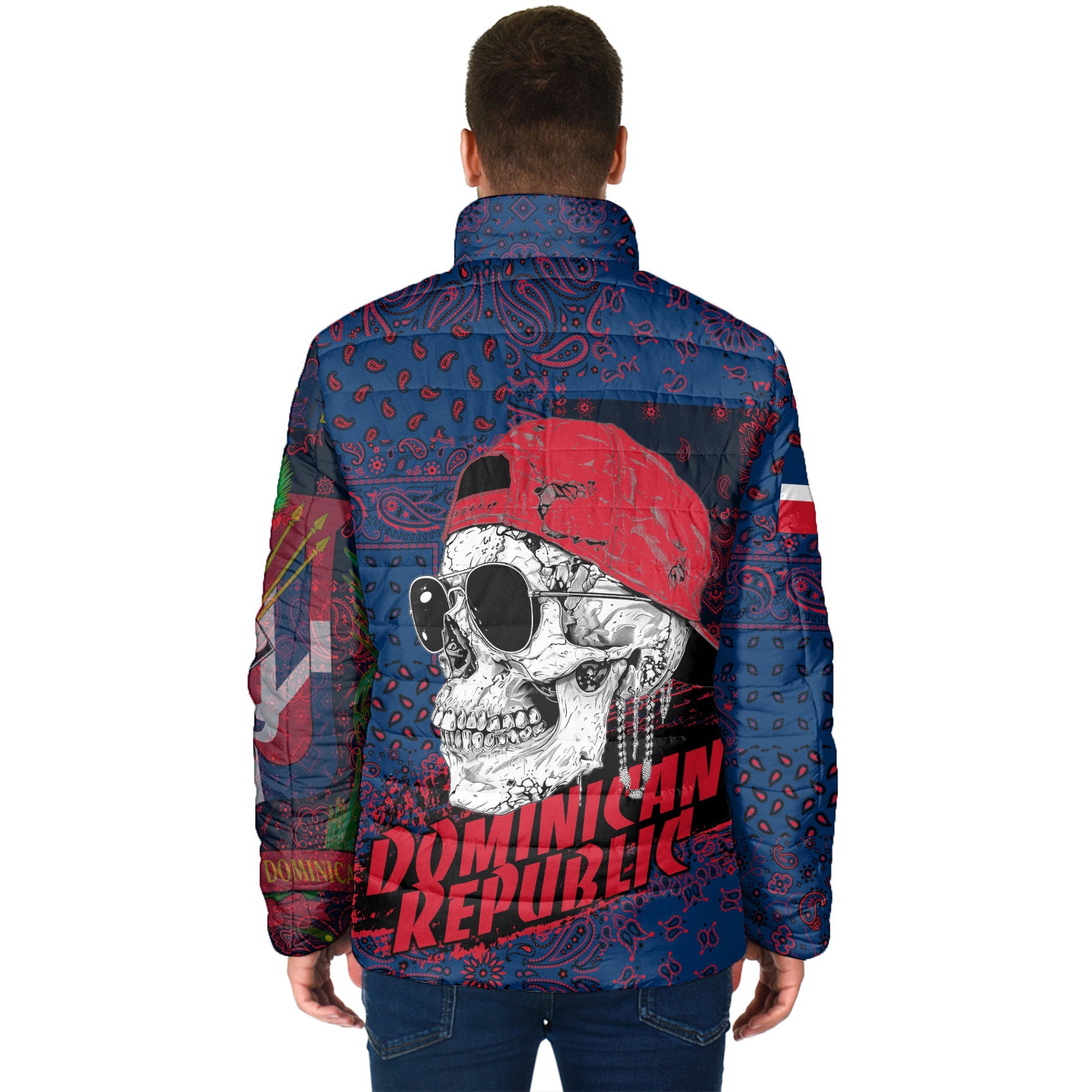 Dominican Republic Men Padded Jacket Paisley Flag And Skull Style 2