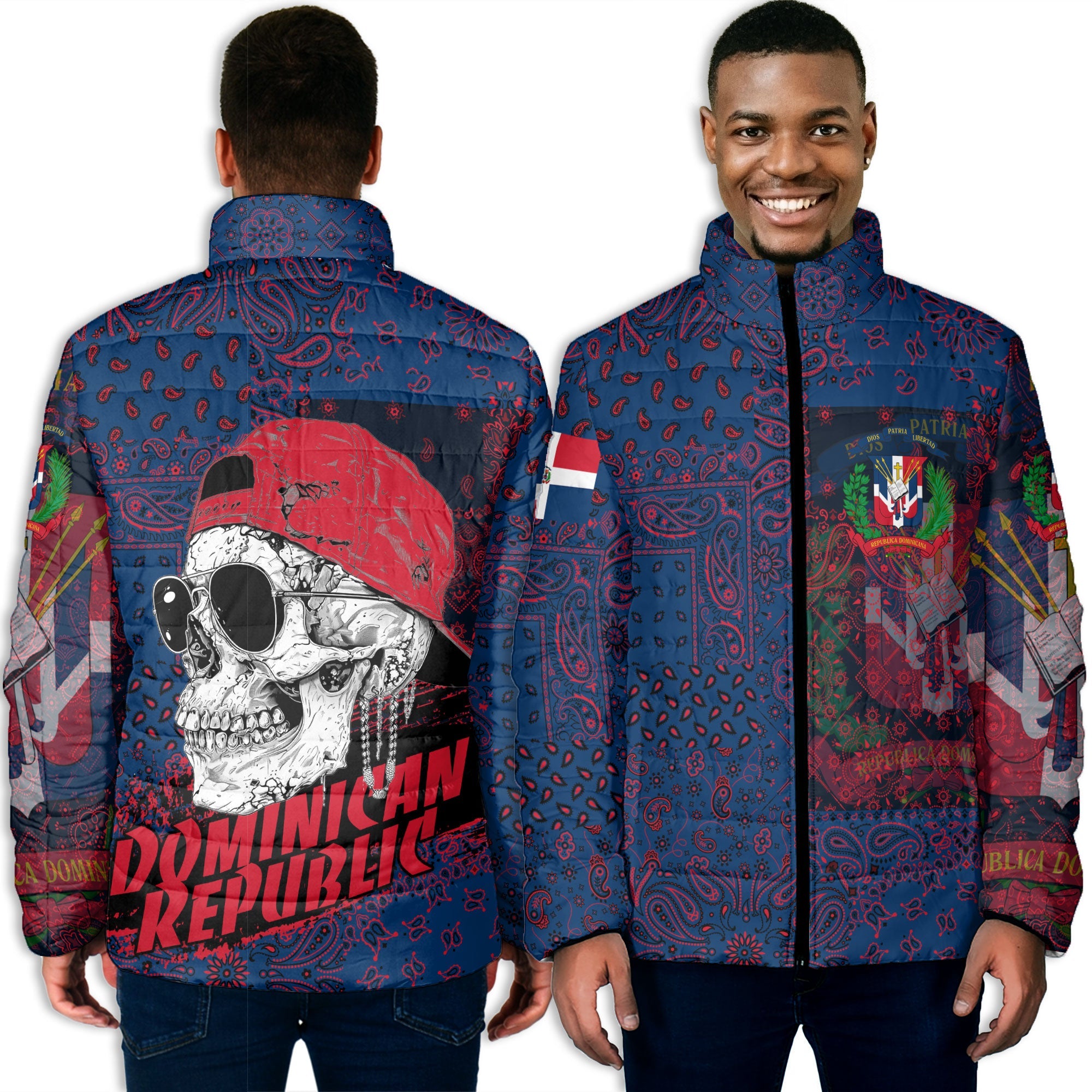 Dominican Republic Men Padded Jacket Paisley Flag And Skull Style 3