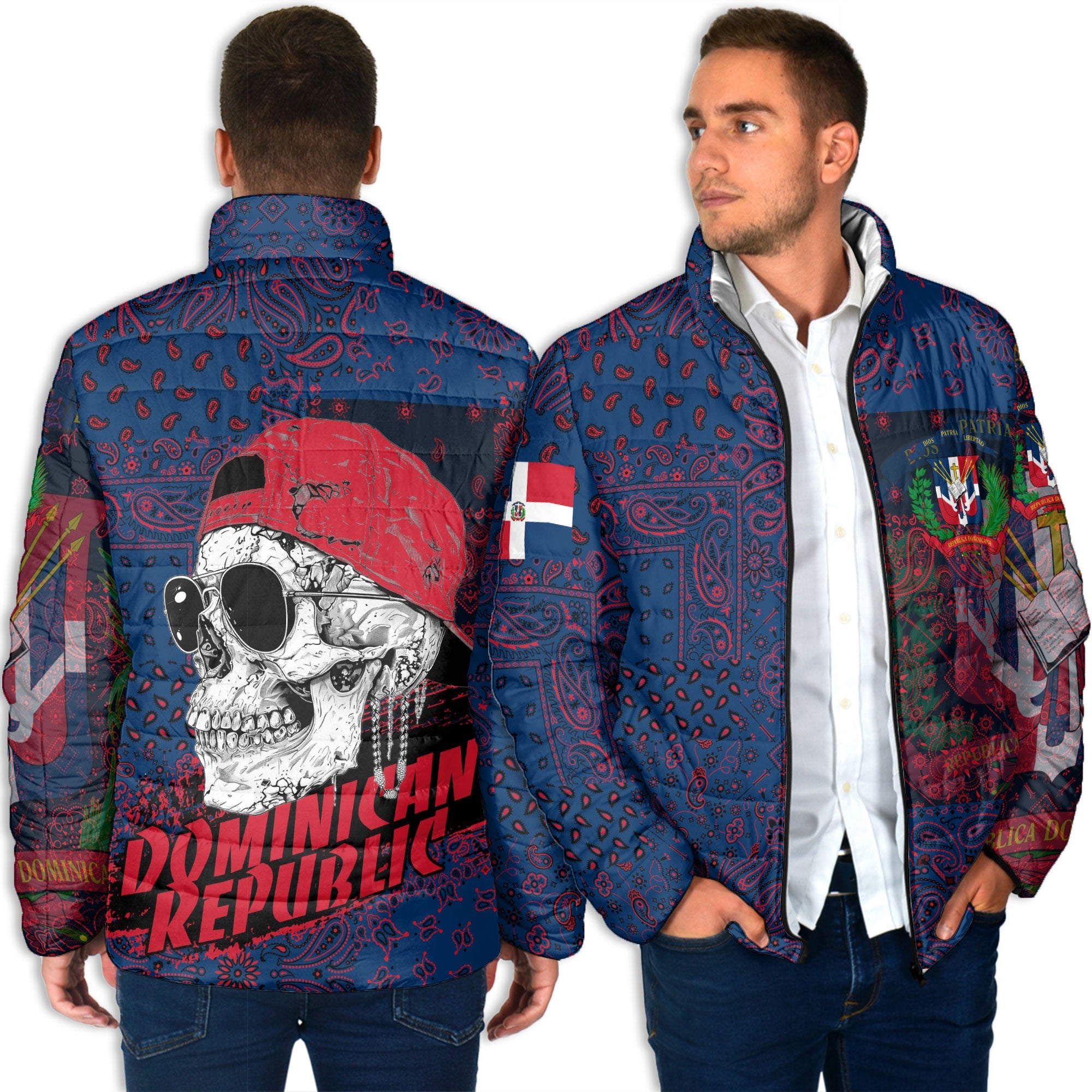 Dominican Republic Men Padded Jacket Paisley Flag And Skull Style 4