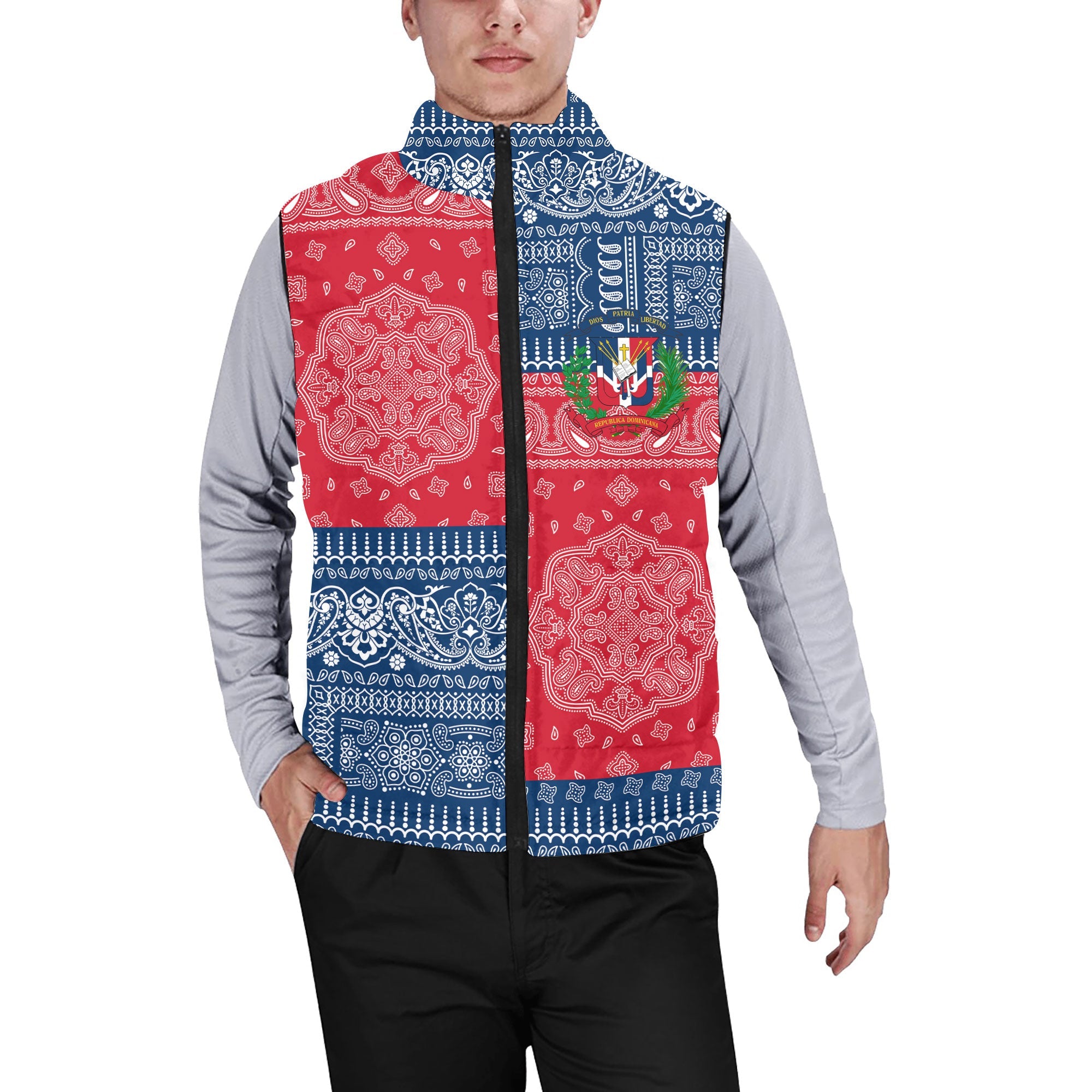 Dominican Republic Men Padded Jacket Vest Flag And Paisley Basic Style 1