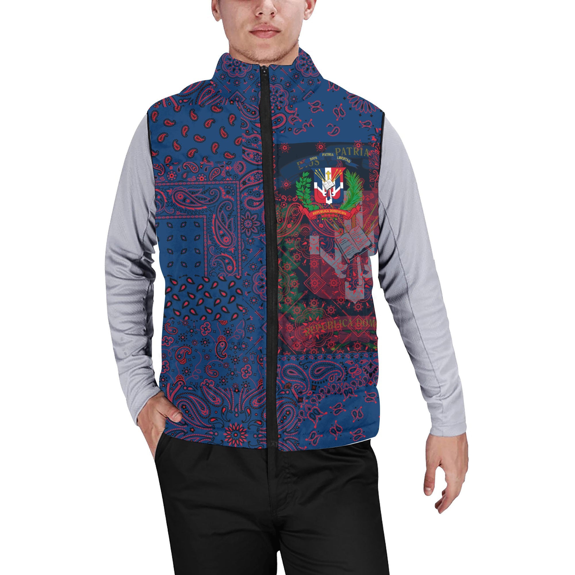 Dominican Republic Men Padded Jacket Vest Paisley Flag And Skull Style 1