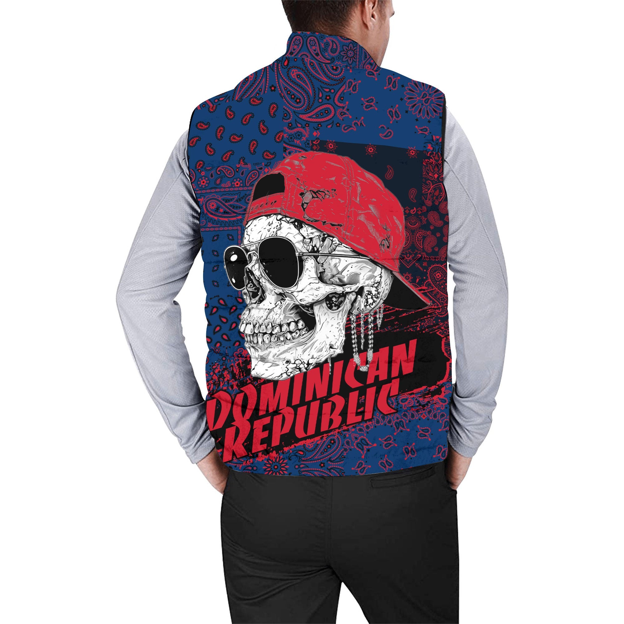 Dominican Republic Men Padded Jacket Vest Paisley Flag And Skull Style 2