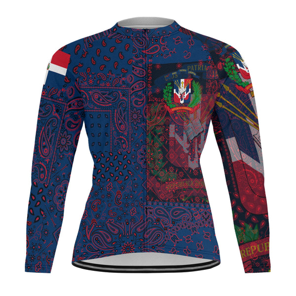 Dominican Republic Raglan Men Cycling Jersey Long Sleeve Paisley Flag And Skull Style 1