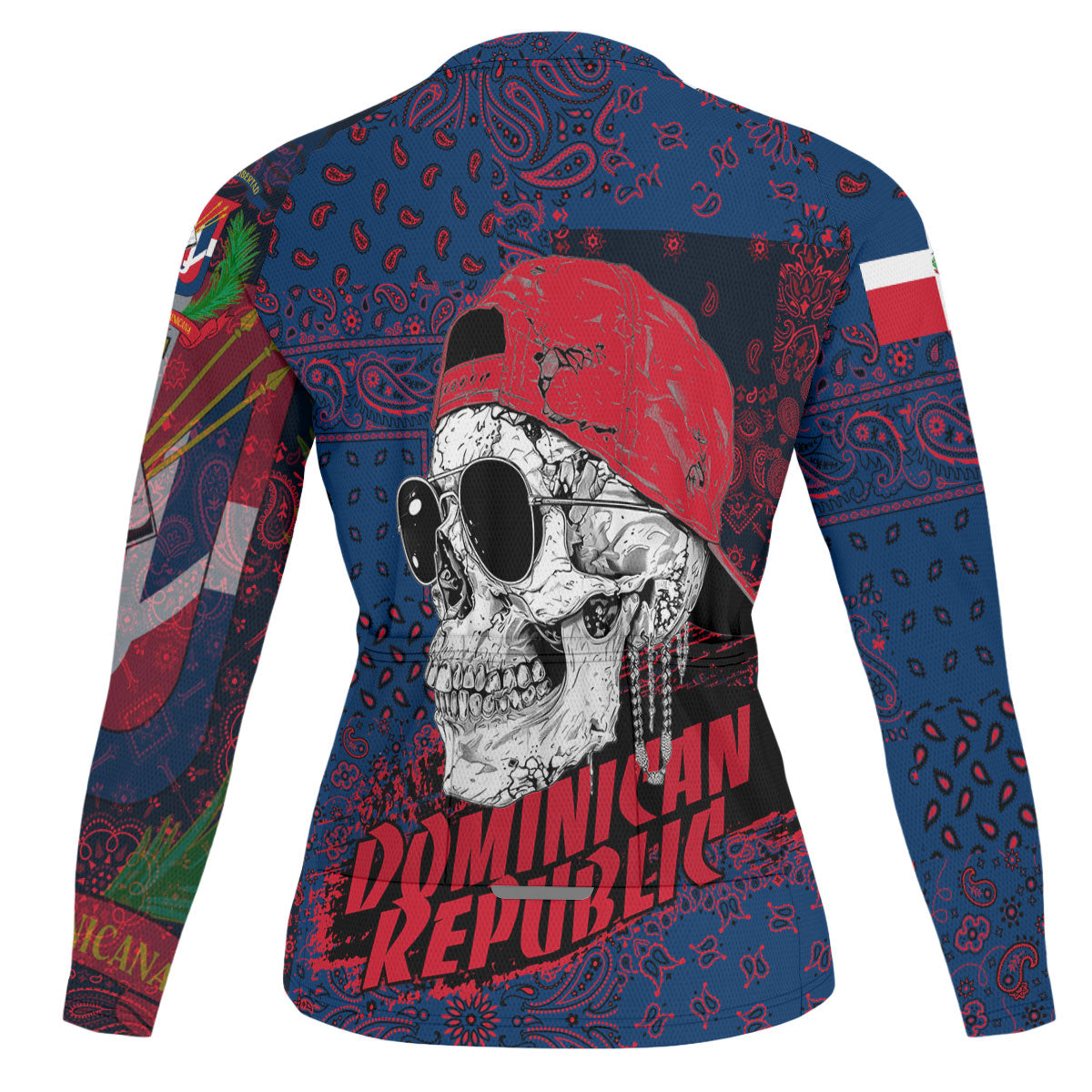 Dominican Republic Raglan Men Cycling Jersey Long Sleeve Paisley Flag And Skull Style 2