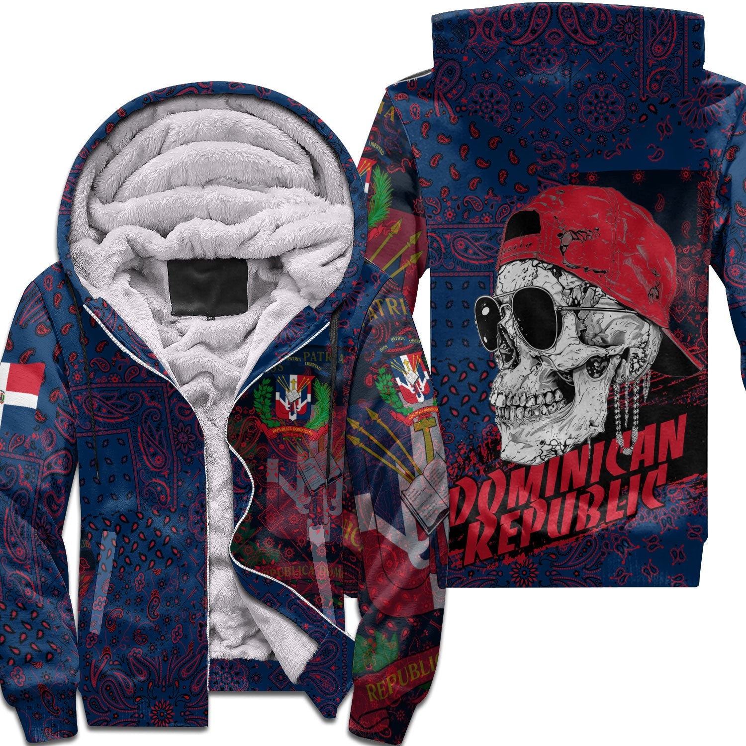 Dominican Republic Sherpa Hoodie Paisley Flag And Skull Style 1