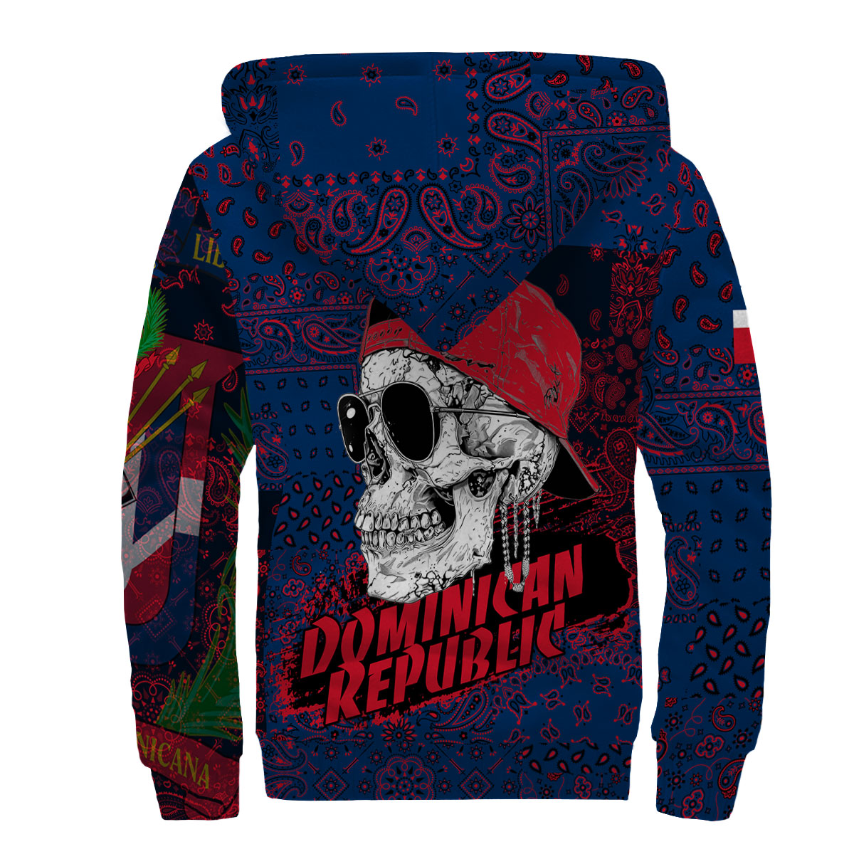 Dominican Republic Sherpa Hoodie Paisley Flag And Skull Style 2